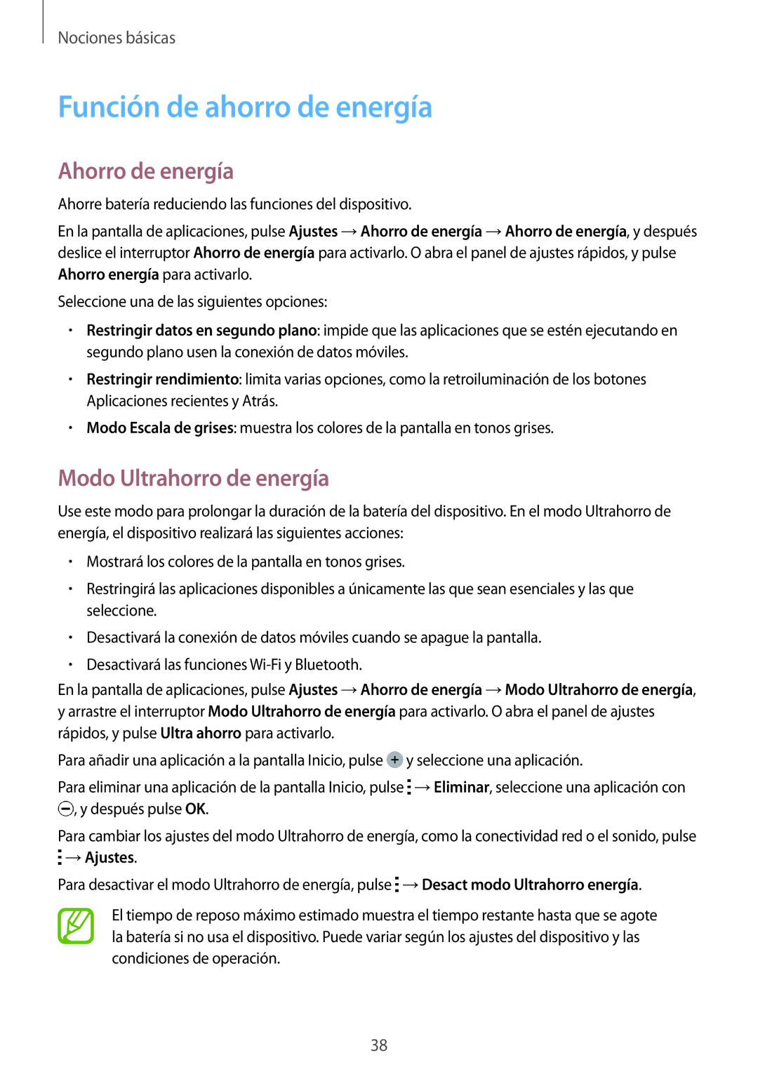 Samsung SM-A700FZKAPHE manual Función de ahorro de energía, Ahorro de energía, Modo Ultrahorro de energía, →Ajustes 