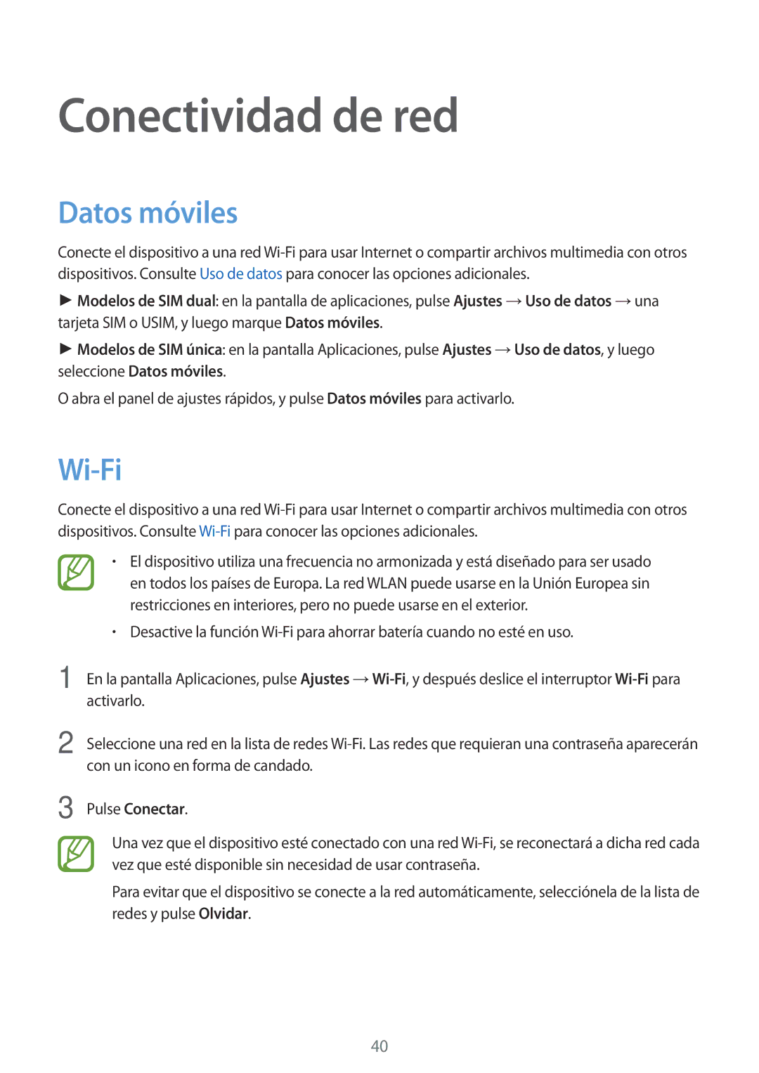 Samsung SM-A700FZKAPHE manual Conectividad de red, Datos móviles, Wi-Fi, Pulse Conectar 