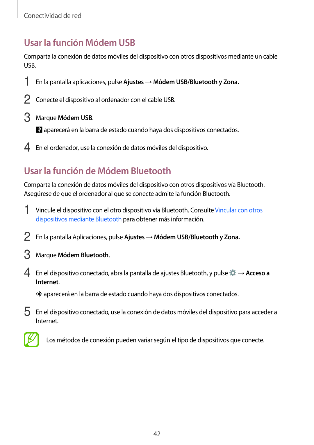 Samsung SM-A700FZKAPHE manual Usar la función Módem USB, Usar la función de Módem Bluetooth, Marque Módem USB, Internet 