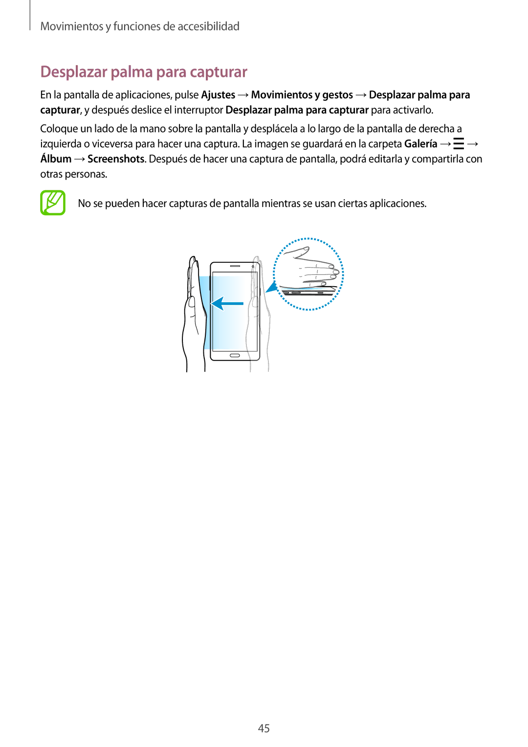 Samsung SM-A700FZKAPHE manual Desplazar palma para capturar 