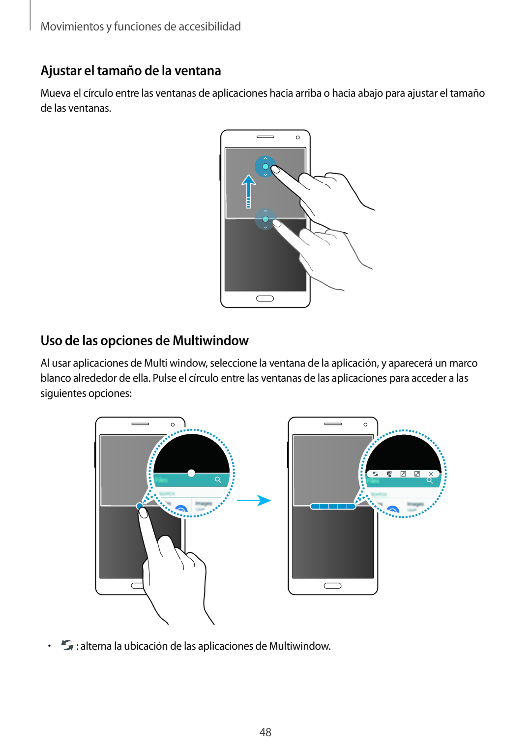 Samsung SM-A700FZKAPHE manual Ajustar el tamaño de la ventana, Uso de las opciones de Multiwindow 