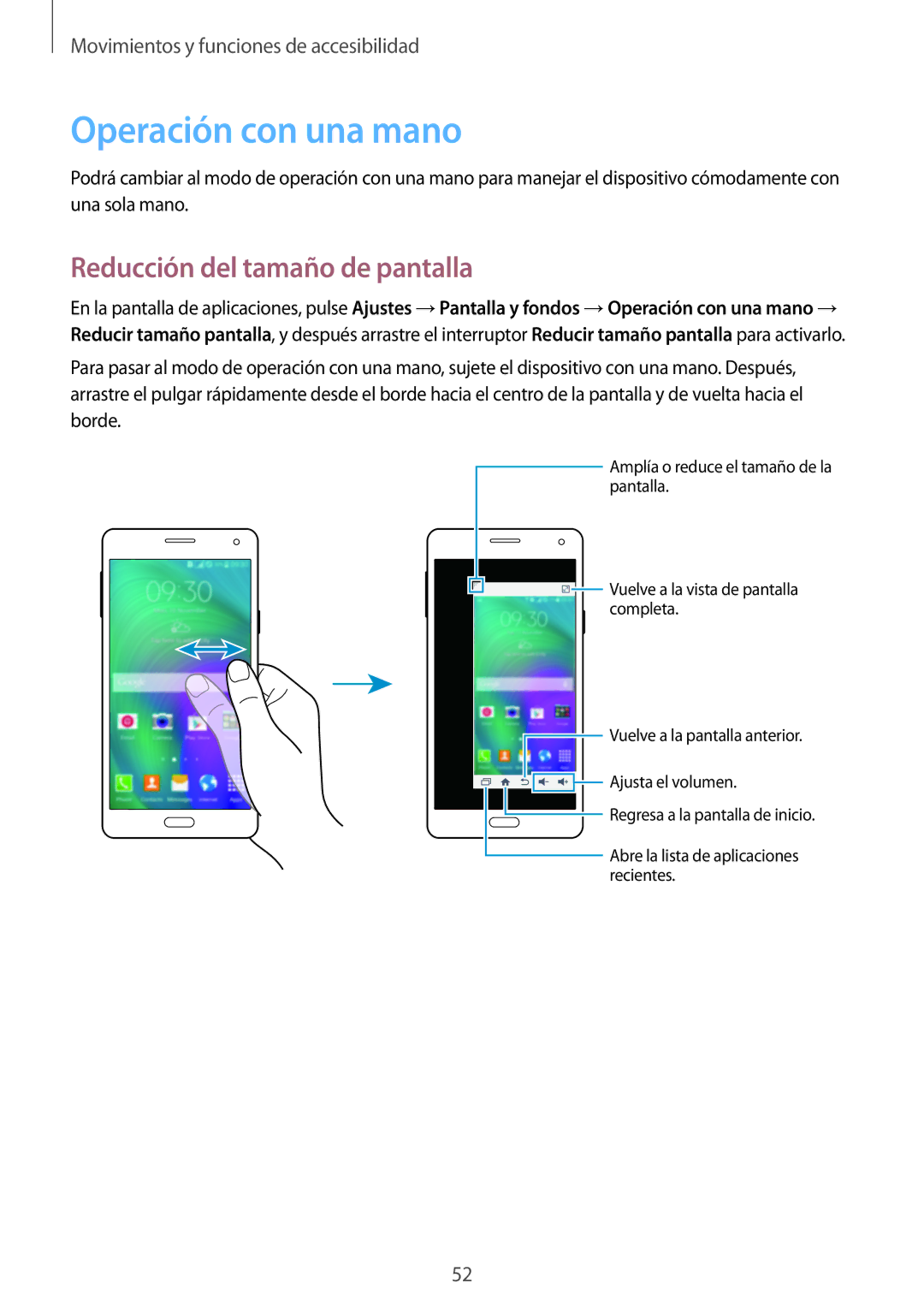 Samsung SM-A700FZKAPHE manual Operación con una mano, Reducción del tamaño de pantalla 