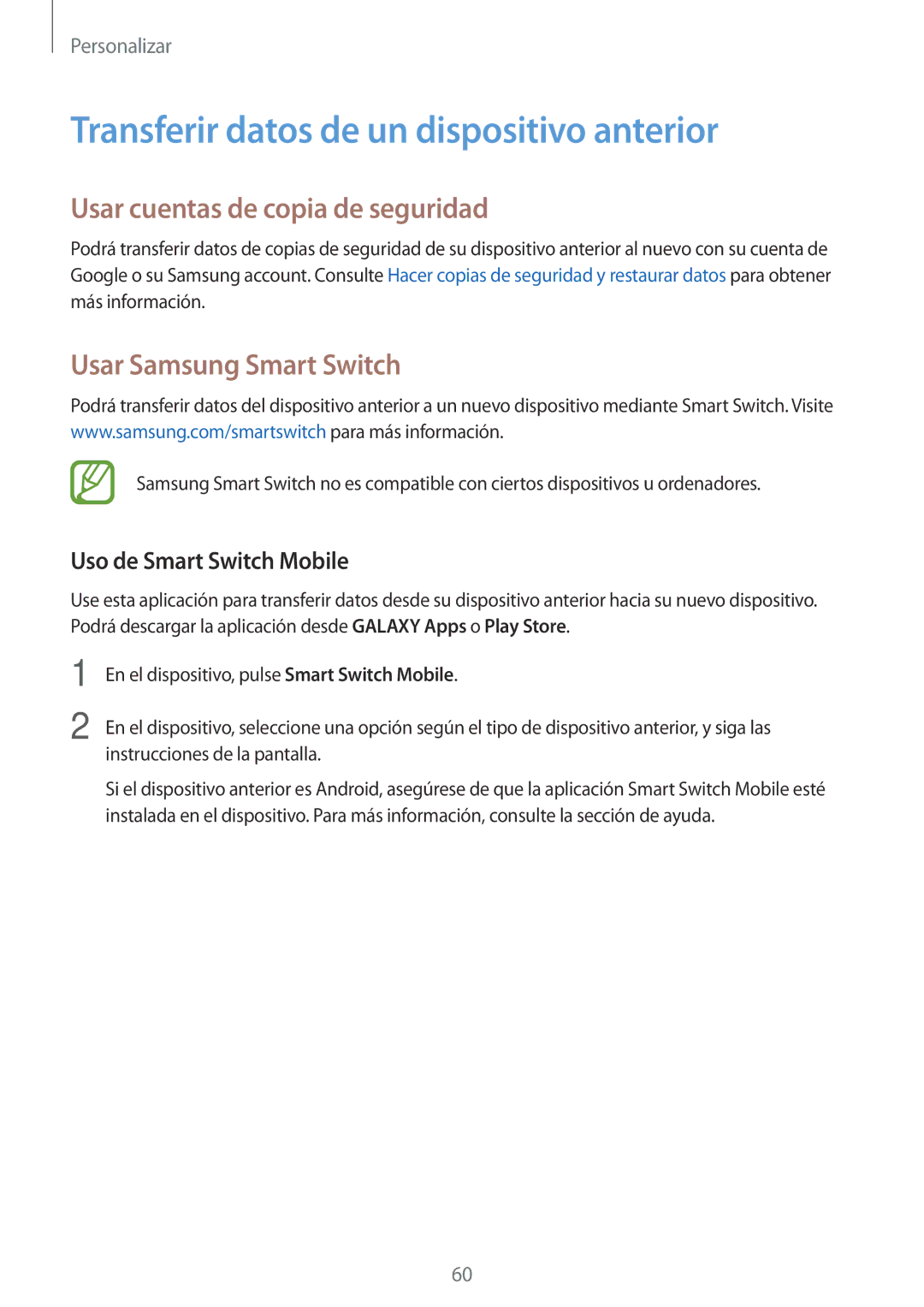 Samsung SM-A700FZKAPHE manual Transferir datos de un dispositivo anterior, Usar cuentas de copia de seguridad 