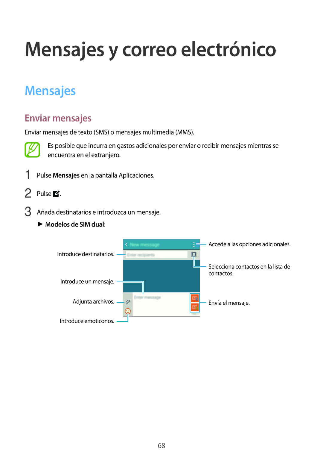 Samsung SM-A700FZKAPHE manual Mensajes, Enviar mensajes, Modelos de SIM dual 