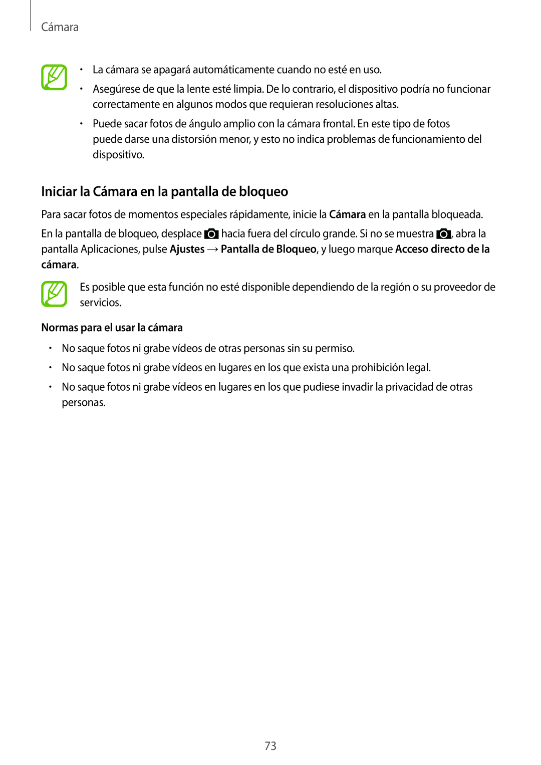 Samsung SM-A700FZKAPHE manual Iniciar la Cámara en la pantalla de bloqueo, Normas para el usar la cámara 