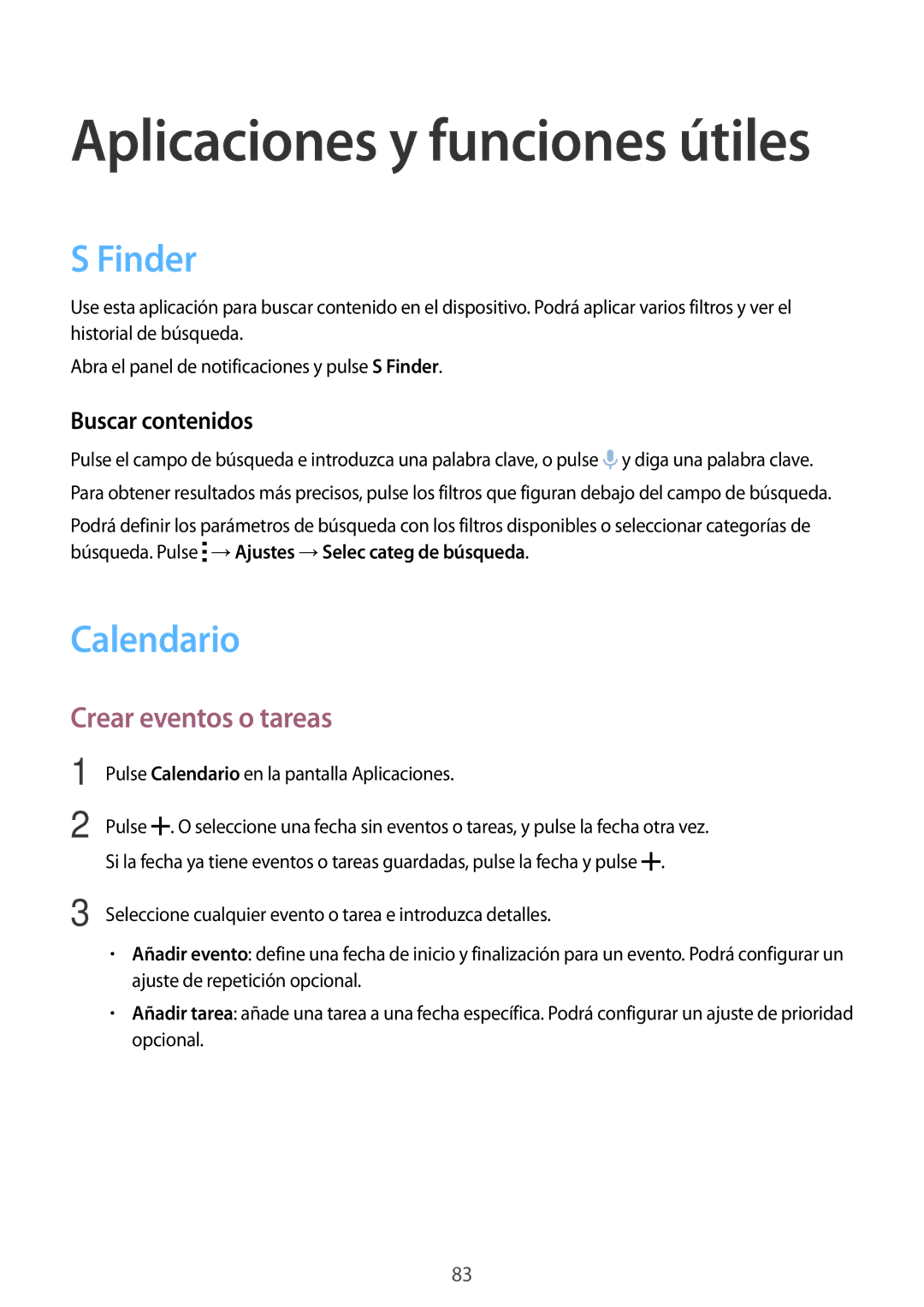 Samsung SM-A700FZKAPHE manual Finder, Calendario, Crear eventos o tareas, Buscar contenidos 