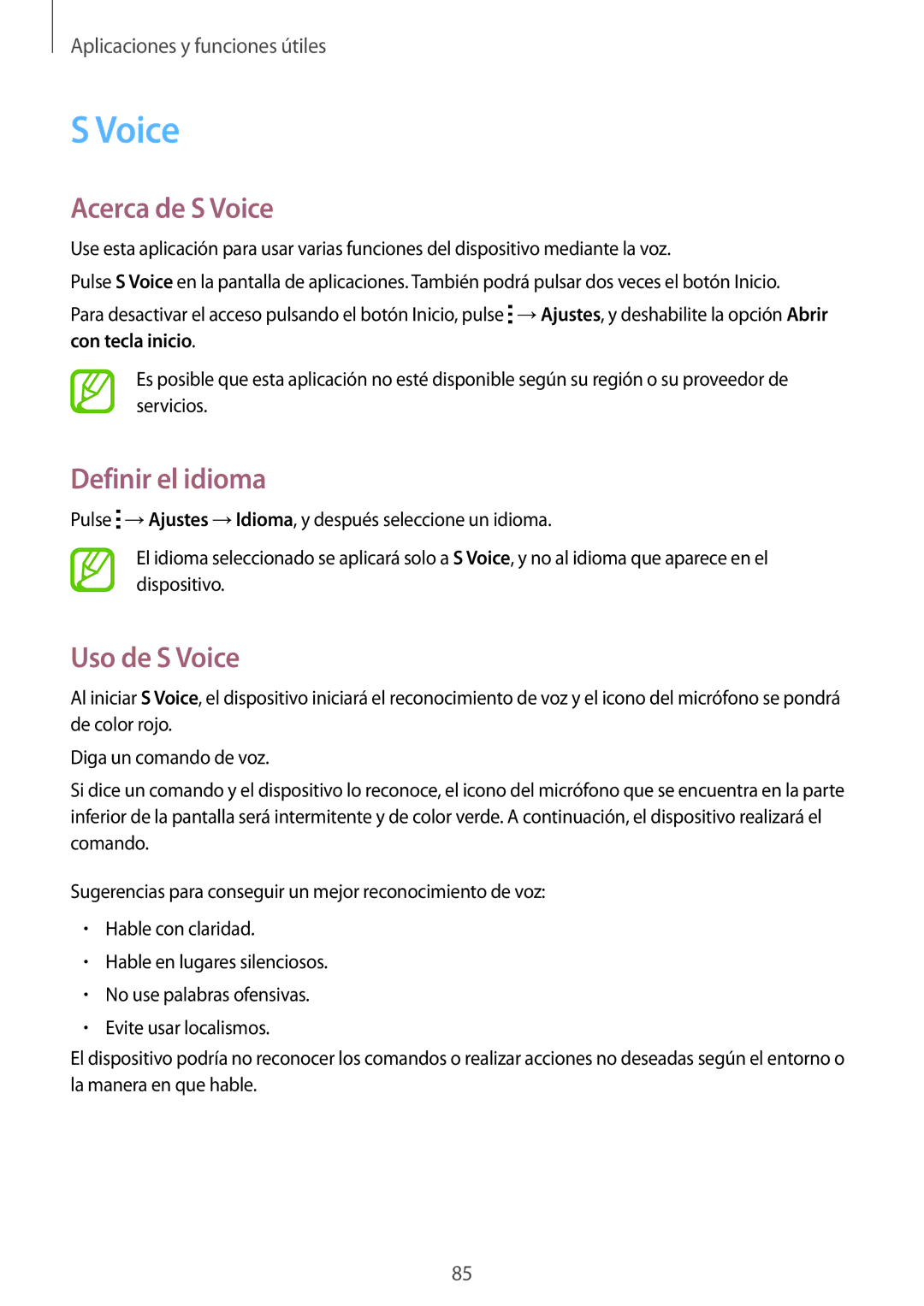 Samsung SM-A700FZKAPHE manual Acerca de S Voice, Definir el idioma, Uso de S Voice 
