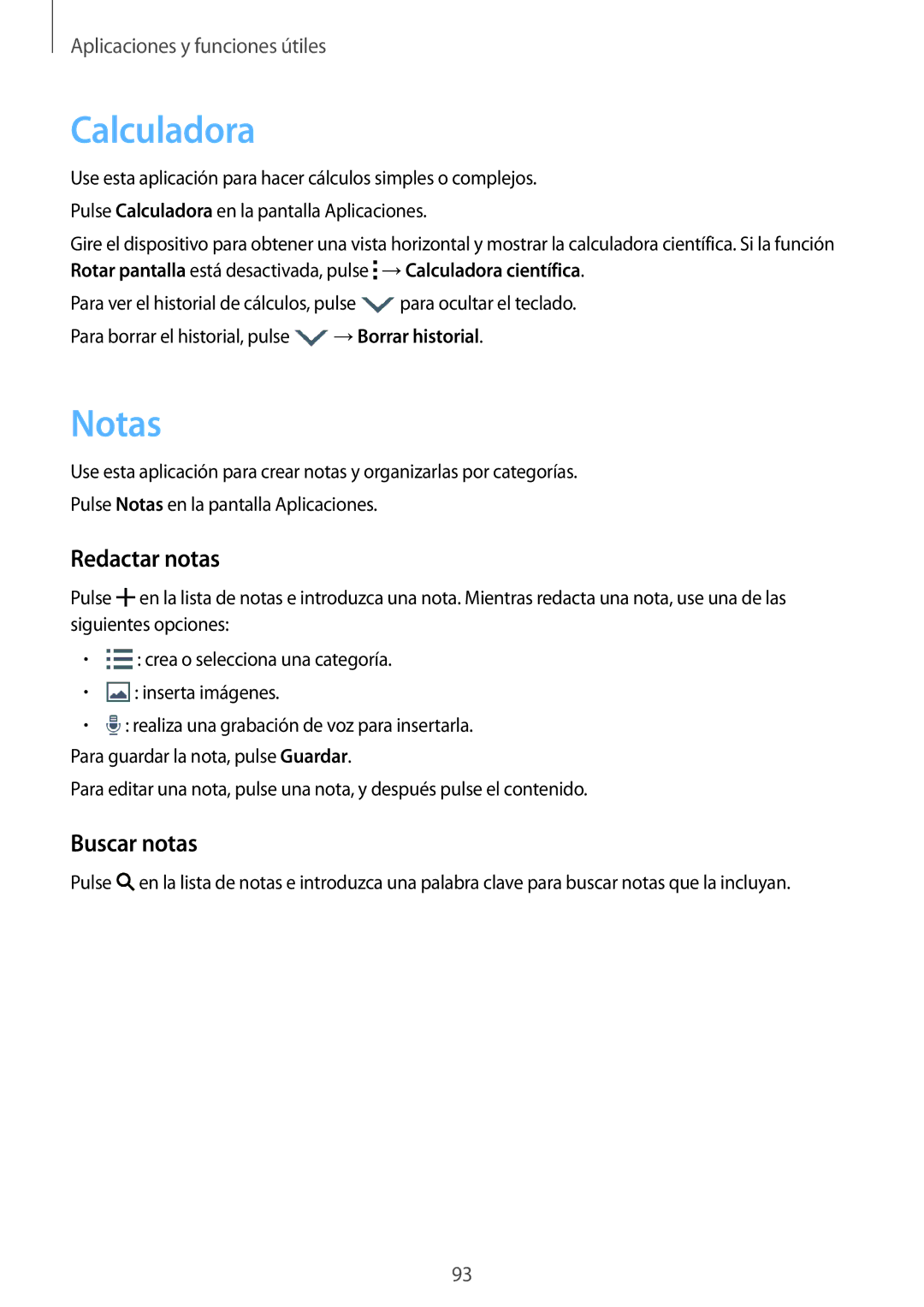 Samsung SM-A700FZKAPHE manual Calculadora, Notas, Redactar notas, Buscar notas 