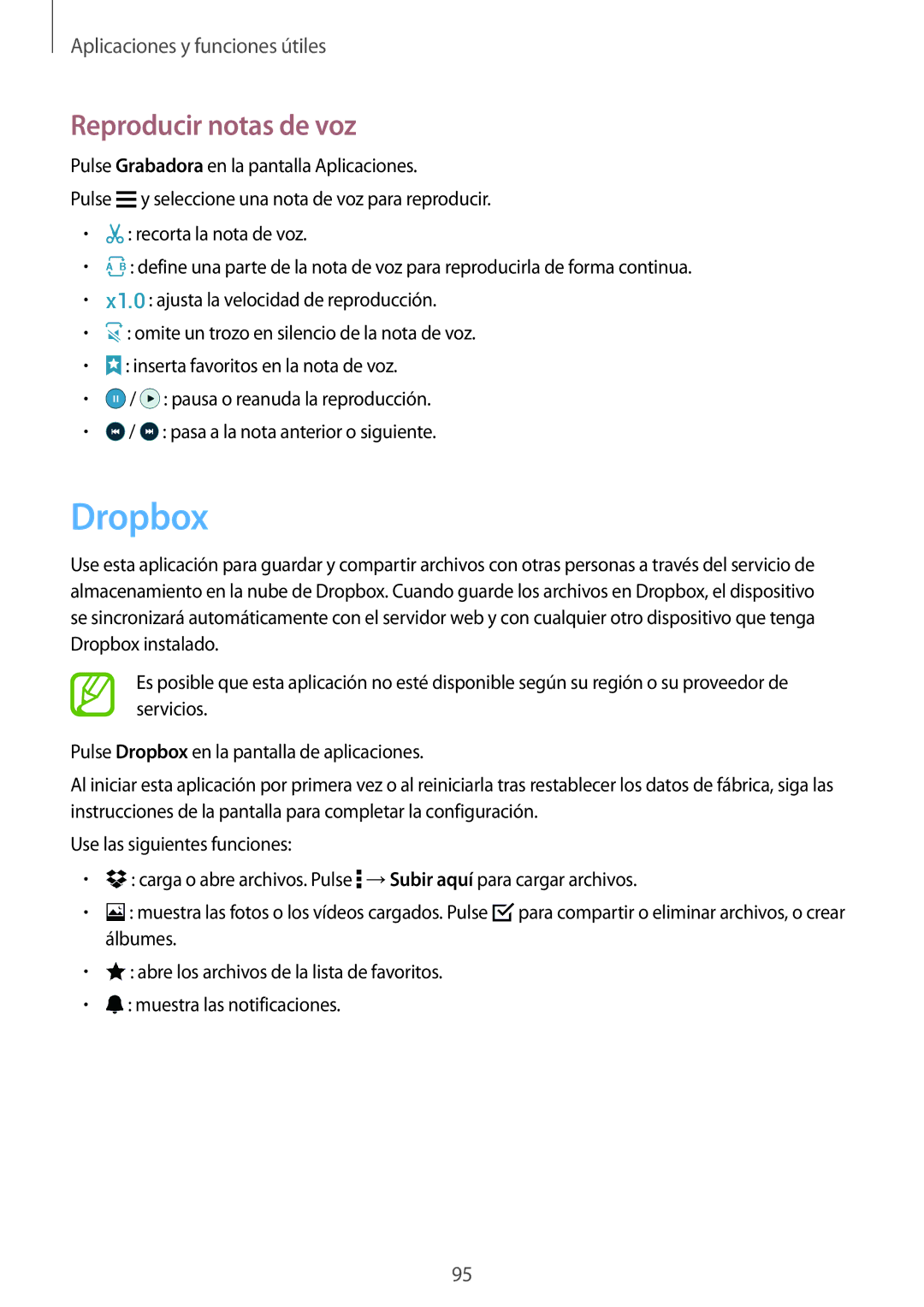 Samsung SM-A700FZKAPHE manual Dropbox, Reproducir notas de voz 