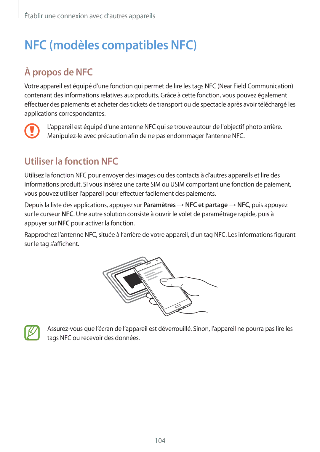 Samsung SM-A700FZKAXEF, SM-A700FZDAXEF, SM-A700FZWAFTM NFC modèles compatibles NFC, Propos de NFC, Utiliser la fonction NFC 