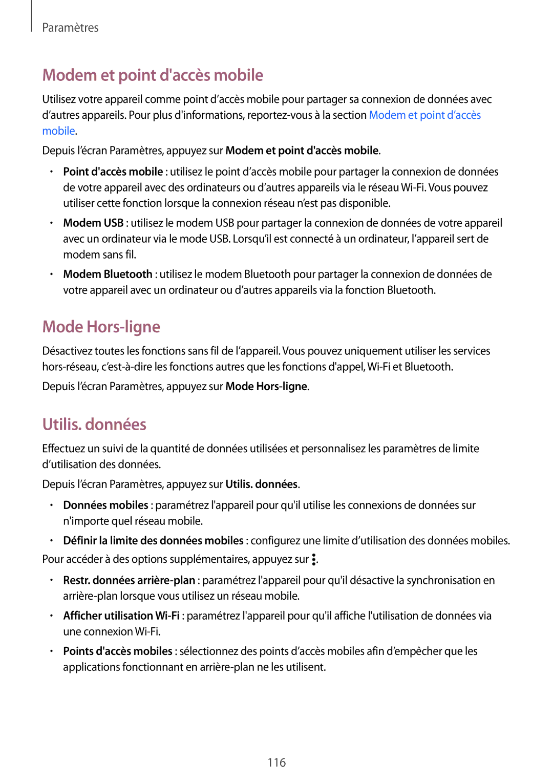 Samsung SM-A700FZKAXEF, SM-A700FZDAXEF, SM-A700FZWAFTM manual Modem et point daccès mobile, Mode Hors-ligne, Utilis. données 