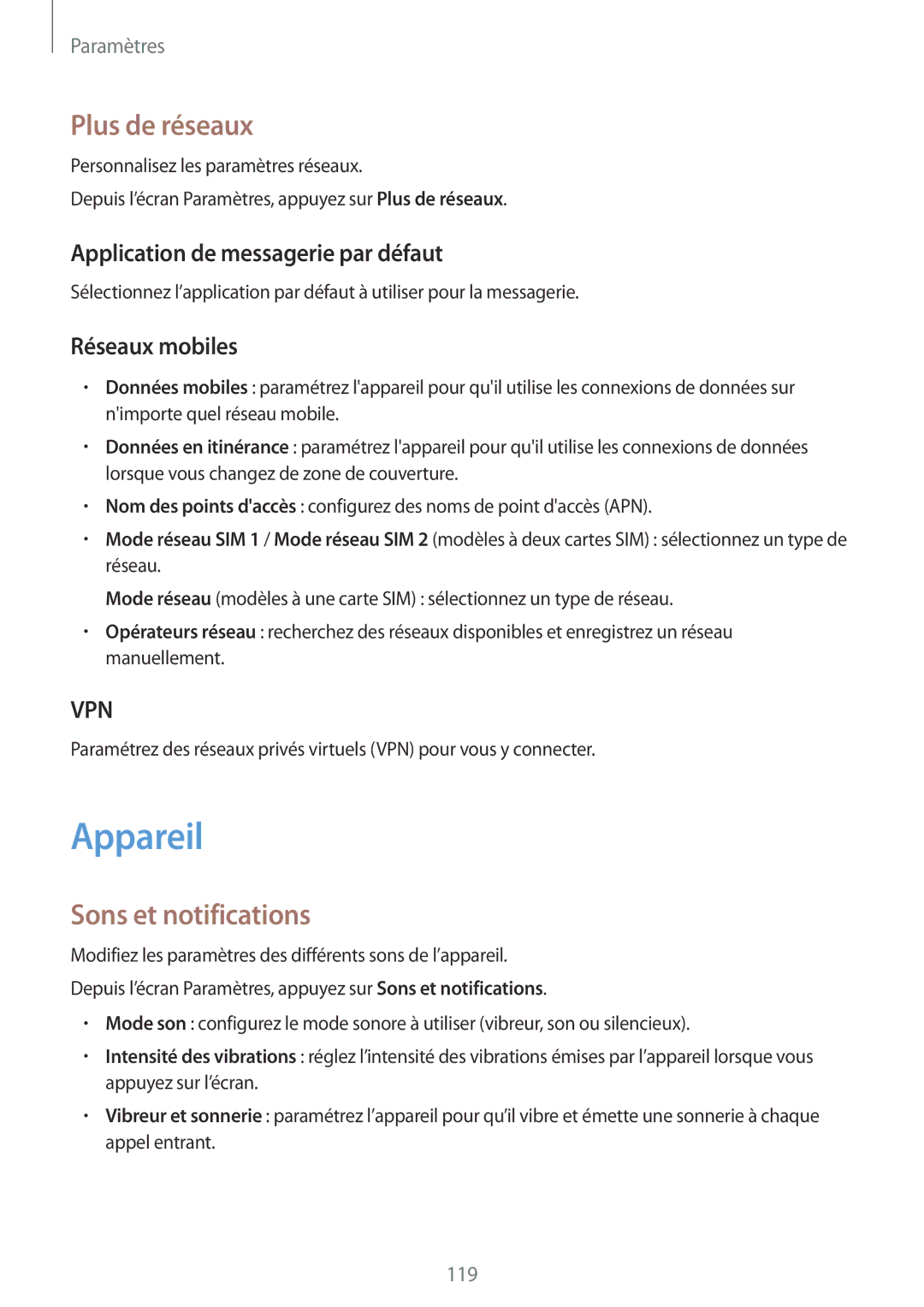 Samsung SM-A700FZWAXEF manual Appareil, Plus de réseaux, Sons et notifications, Application de messagerie par défaut 