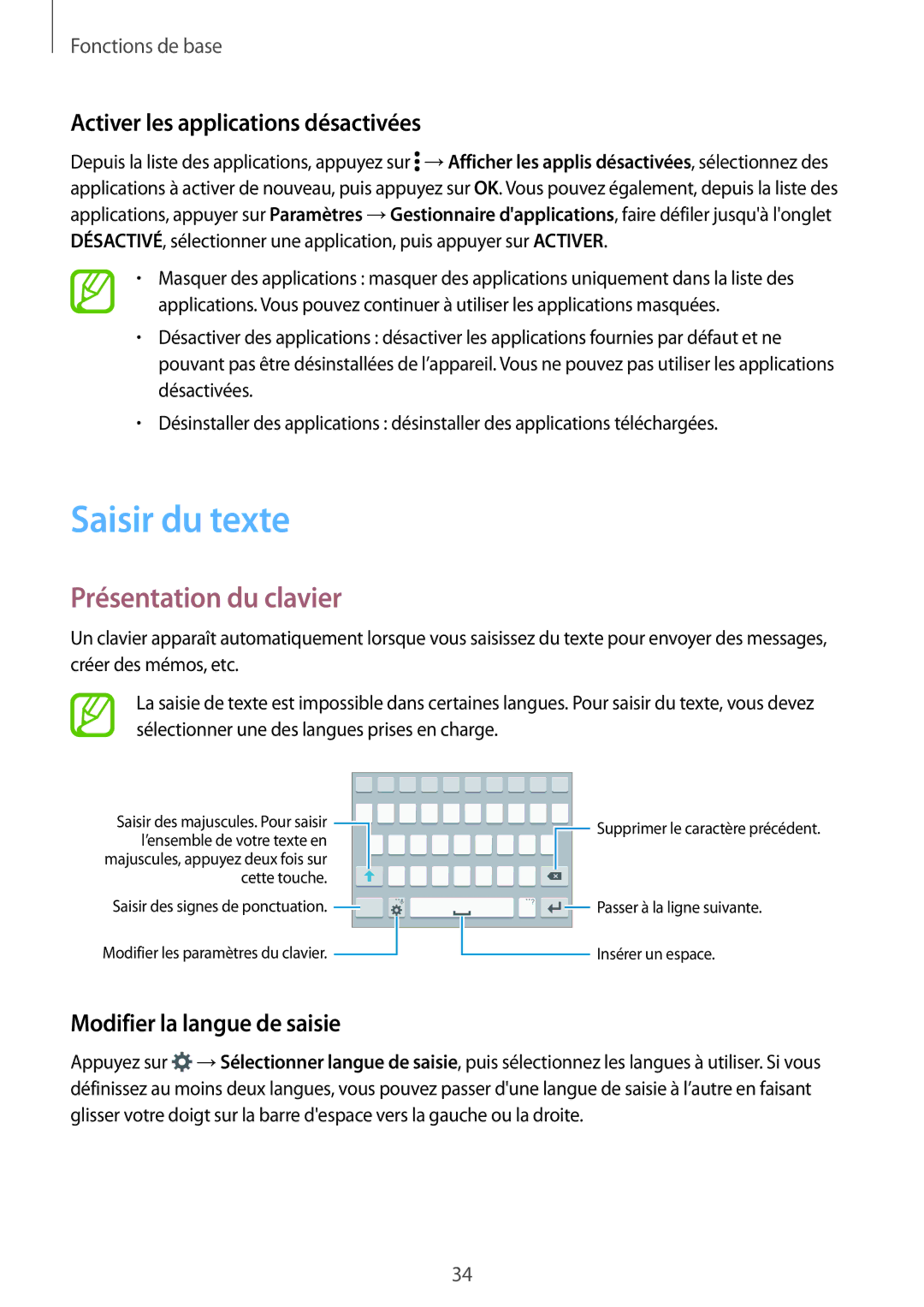 Samsung SM-A700FZWAFTM, SM-A700FZKAXEF manual Saisir du texte, Présentation du clavier, Activer les applications désactivées 