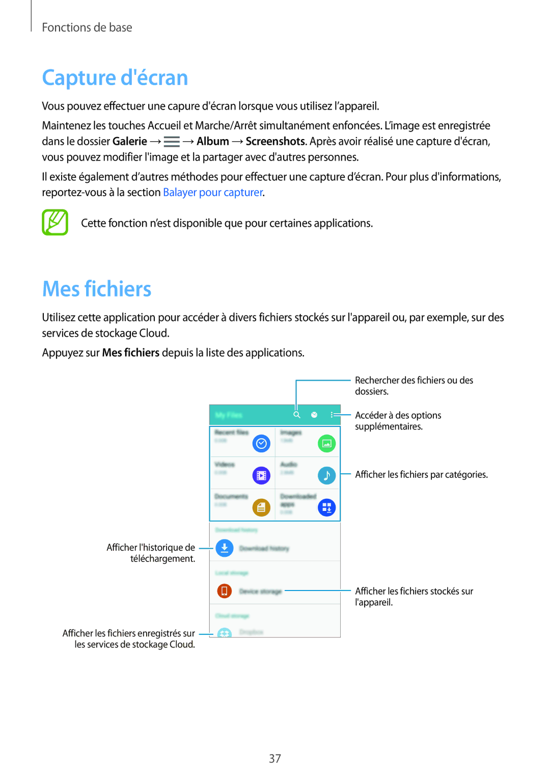 Samsung SM-A700FZDAXEF, SM-A700FZKAXEF, SM-A700FZWAFTM, SM-A700FZWAXEF manual Capture décran, Mes fichiers 