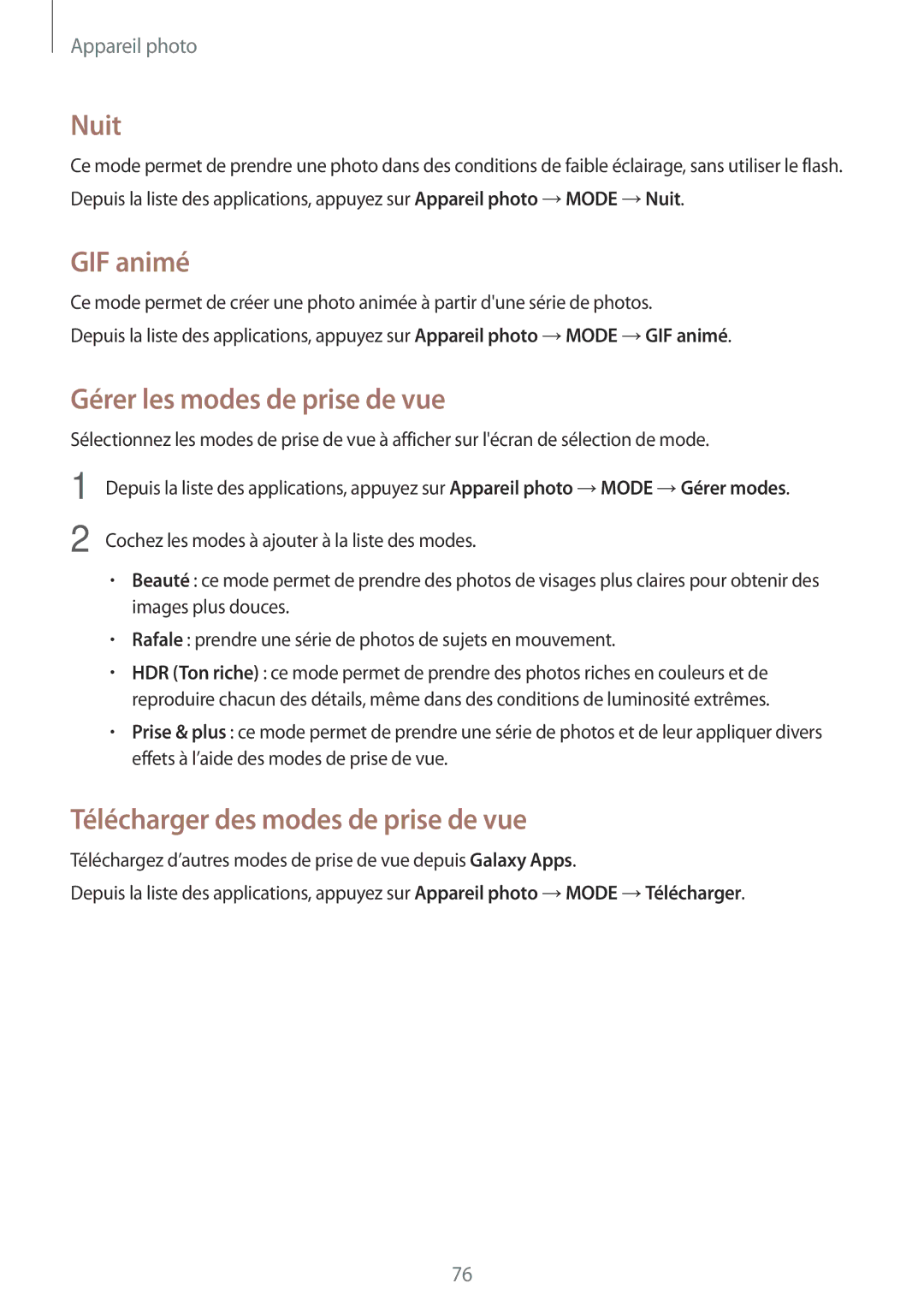 Samsung SM-A700FZKAXEF manual Nuit, GIF animé, Gérer les modes de prise de vue, Télécharger des modes de prise de vue 