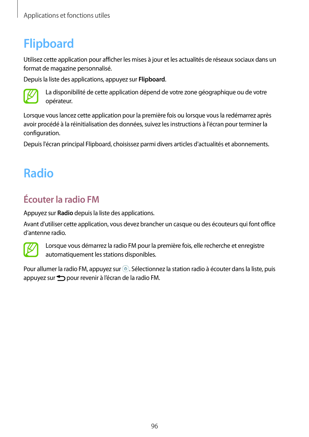 Samsung SM-A700FZKAXEF, SM-A700FZDAXEF, SM-A700FZWAFTM, SM-A700FZWAXEF manual Flipboard, Radio, Écouter la radio FM 
