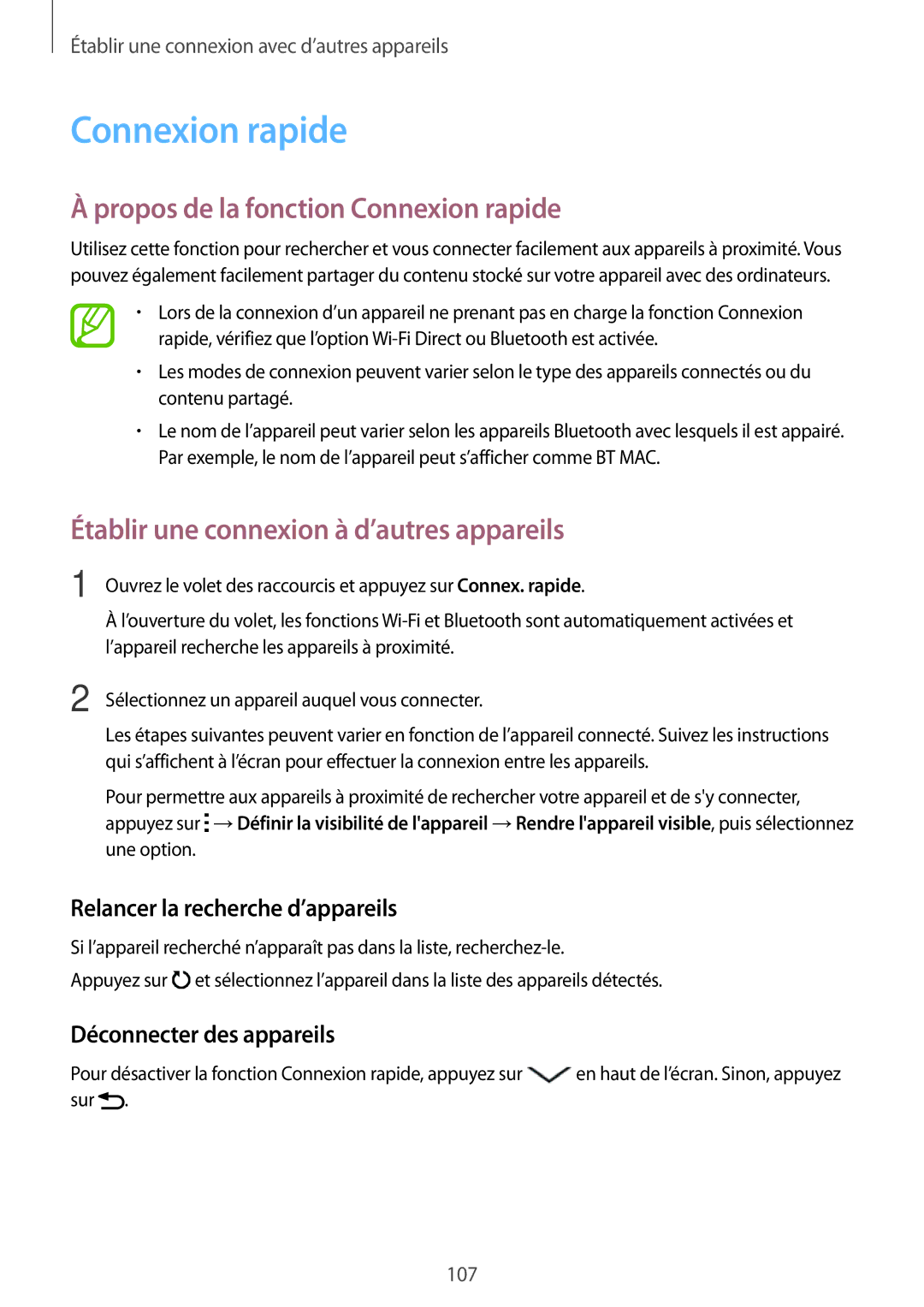 Samsung SM-A700FZWAXEF, SM-A700FZKAXEF manual Propos de la fonction Connexion rapide, Relancer la recherche d’appareils 