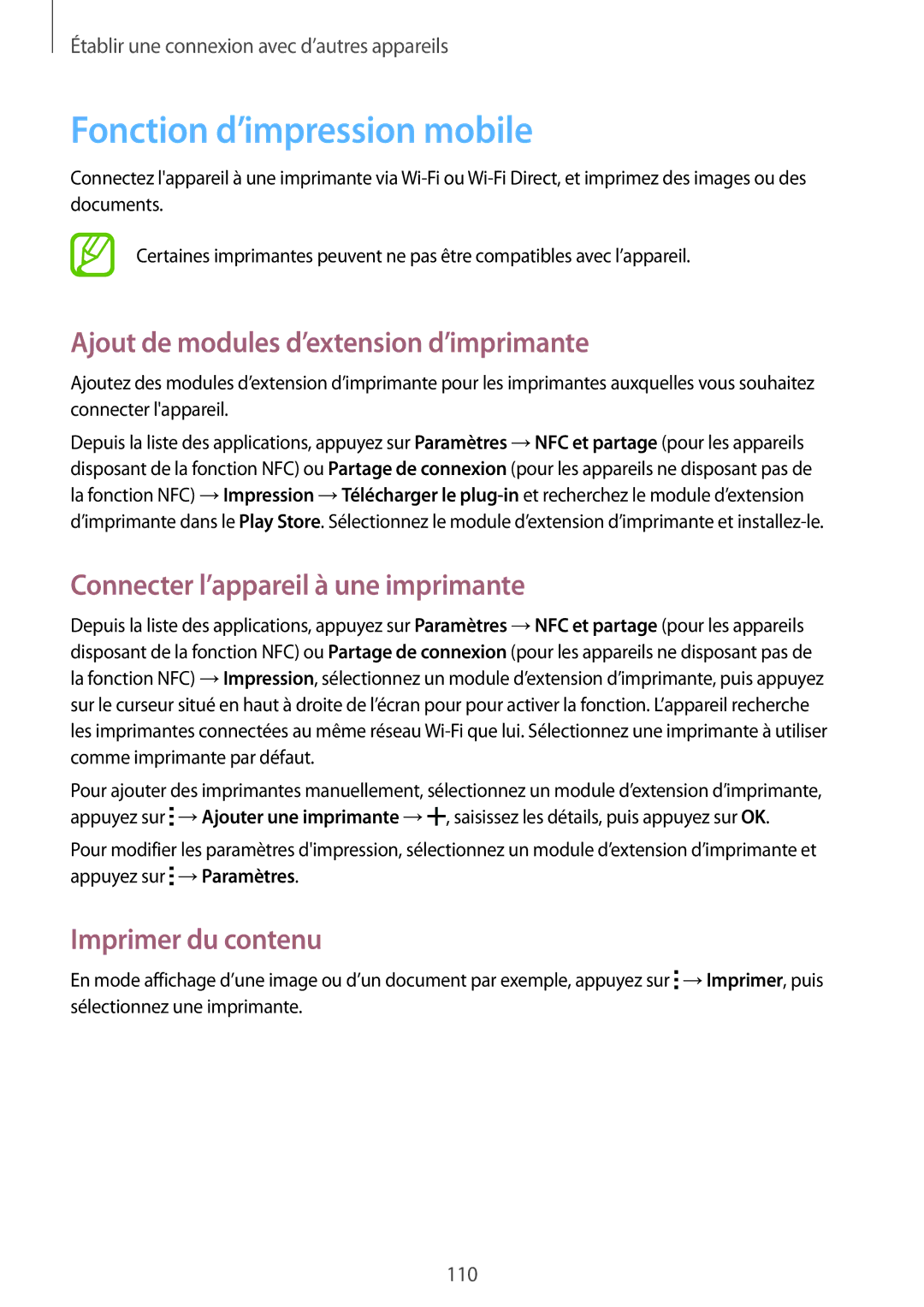 Samsung SM-A700FZWAFTM manual Fonction d’impression mobile, Ajout de modules d’extension d’imprimante, Imprimer du contenu 