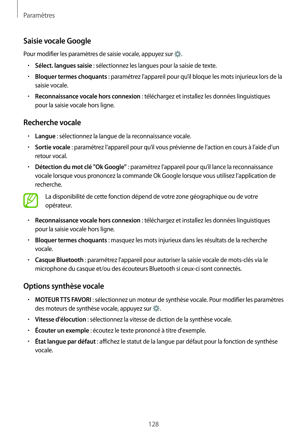 Samsung SM-A700FZKAXEF, SM-A700FZDAXEF, SM-A700FZWAFTM manual Saisie vocale Google, Recherche vocale, Options synthèse vocale 