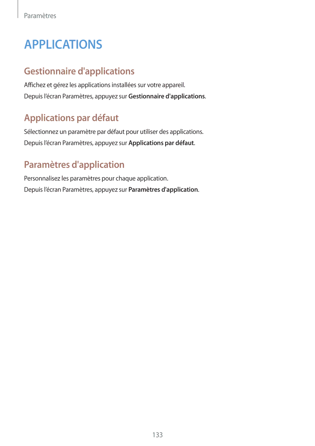 Samsung SM-A700FZDAXEF, SM-A700FZKAXEF manual Gestionnaire dapplications, Applications par défaut, Paramètres dapplication 