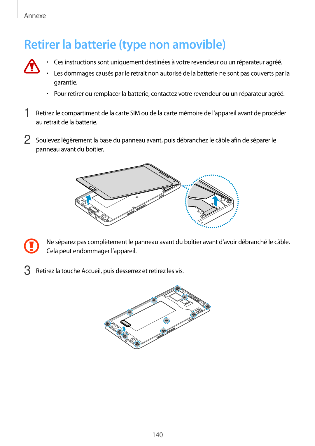 Samsung SM-A700FZKAXEF, SM-A700FZDAXEF, SM-A700FZWAFTM, SM-A700FZWAXEF manual Retirer la batterie type non amovible 