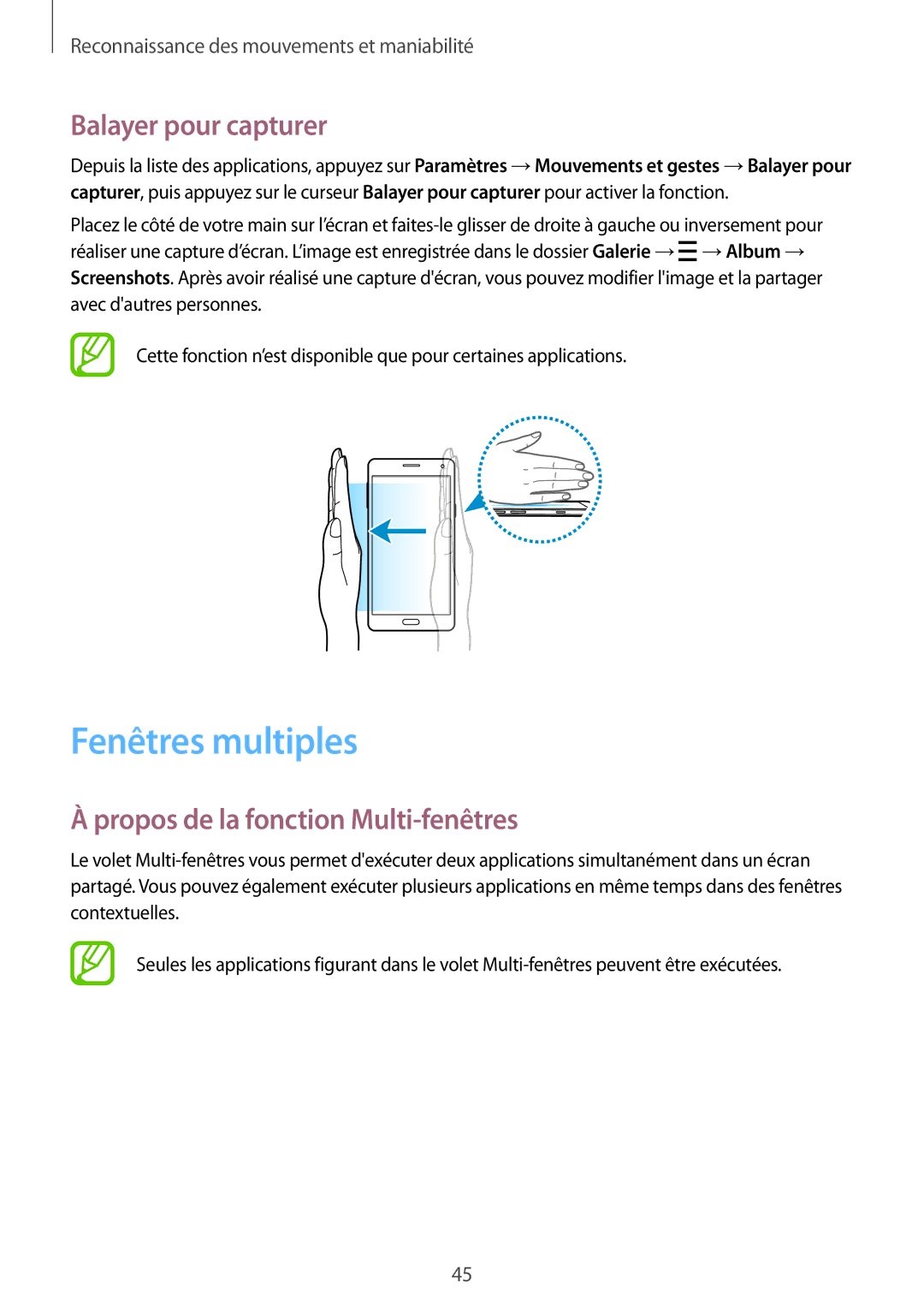 Samsung SM-A700FZDAXEF, SM-A700FZKAXEF Fenêtres multiples, Balayer pour capturer, Propos de la fonction Multi-fenêtres 