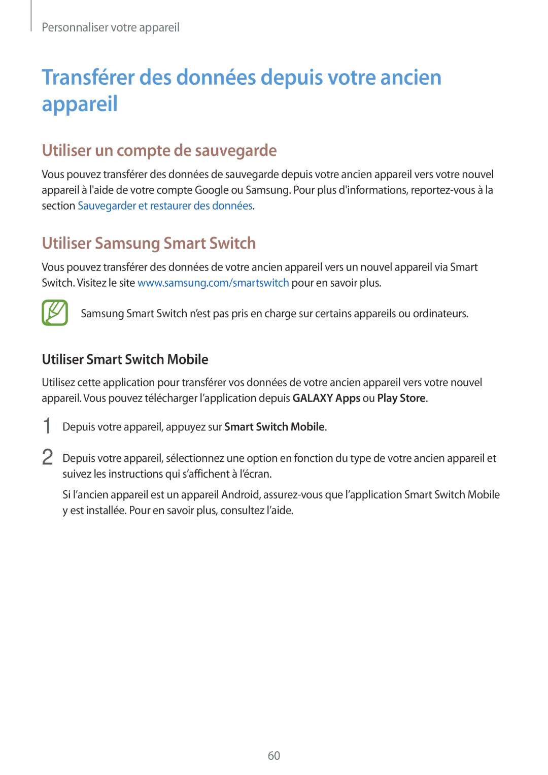 Samsung SM-A700FZKAXEF manual Transférer des données depuis votre ancien appareil, Utiliser un compte de sauvegarde 