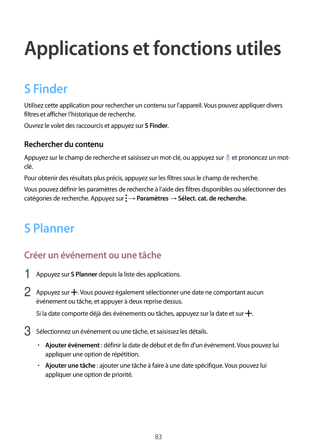 Samsung SM-A700FZWAXEF, SM-A700FZKAXEF manual Finder, Planner, Créer un événement ou une tâche, Rechercher du contenu 