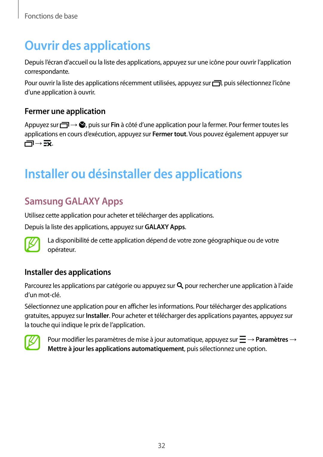 Samsung SM-A700FZKAXEF manual Ouvrir des applications, Installer ou désinstaller des applications, Samsung GALAXY Apps 