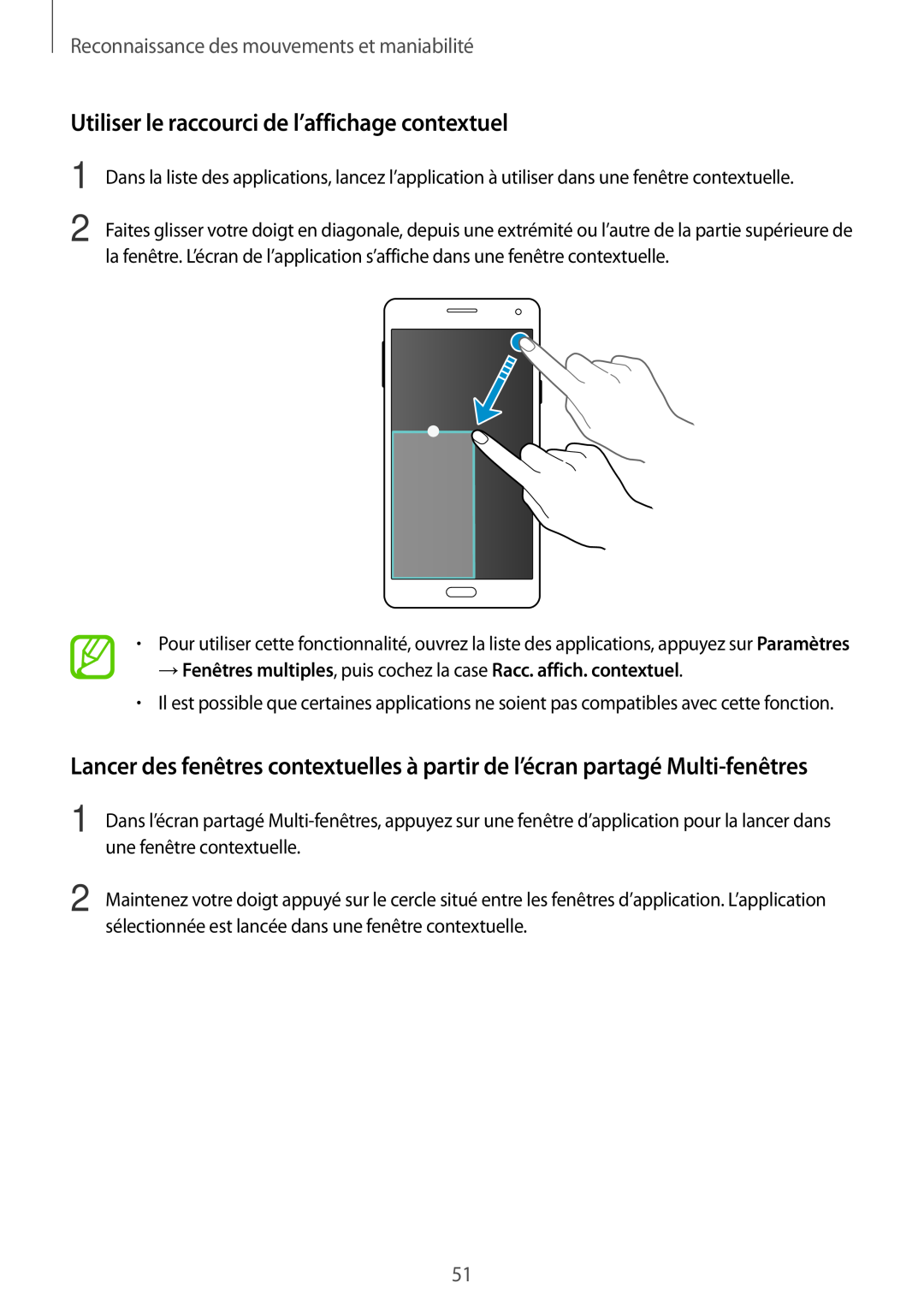 Samsung SM-A700FZWAXEF manual Utiliser le raccourci de l’affichage contextuel, Reconnaissance des mouvements et maniabilité 
