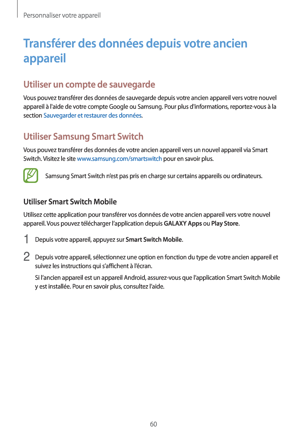 Samsung SM-A700FZKAXEF manual Transférer des données depuis votre ancien appareil, Utiliser un compte de sauvegarde 