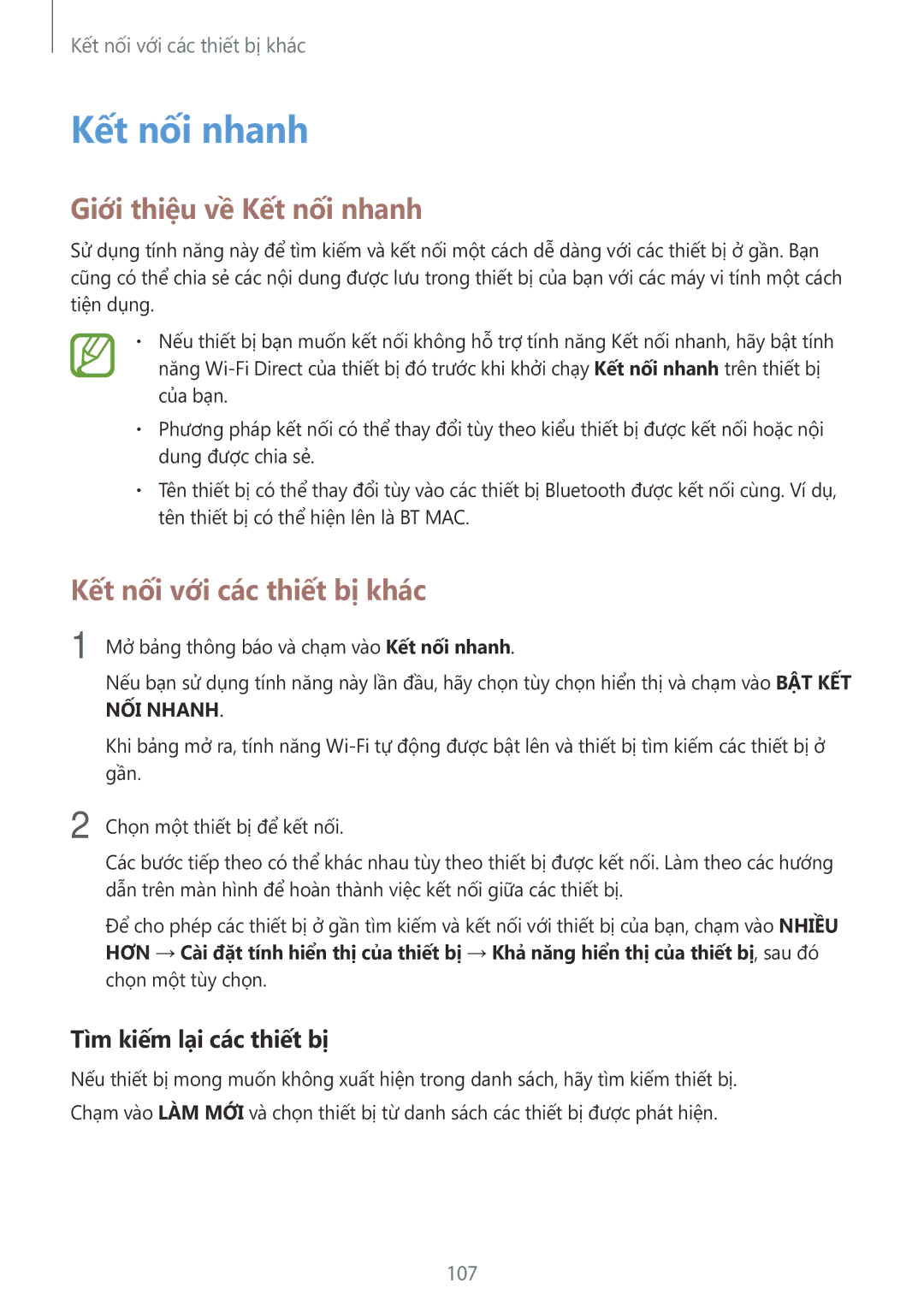 Samsung SM-A700HZKDXXV manual Giới thiệu về Kết nối nhanh, Tìm kiếm lại các thiết bị 