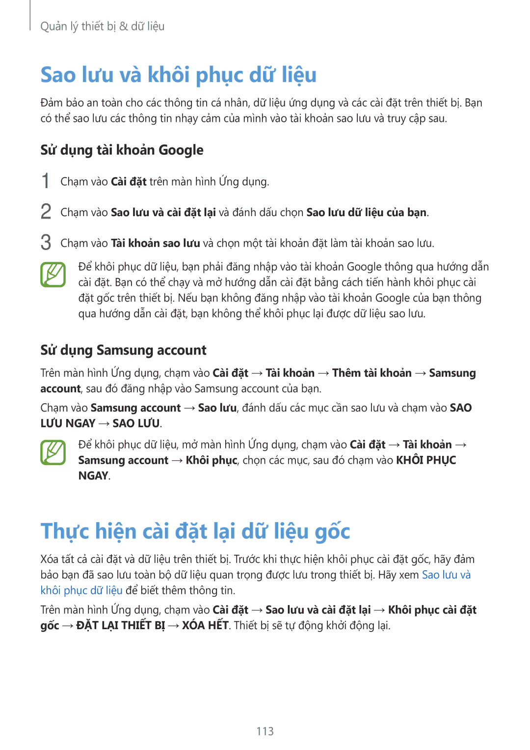 Samsung SM-A700HZKDXXV manual Sao lưu và khôi phục dữ liệu, Thực hiện cài đặt lại dữ liệu gốc, Sử dụng tài khoản Google 