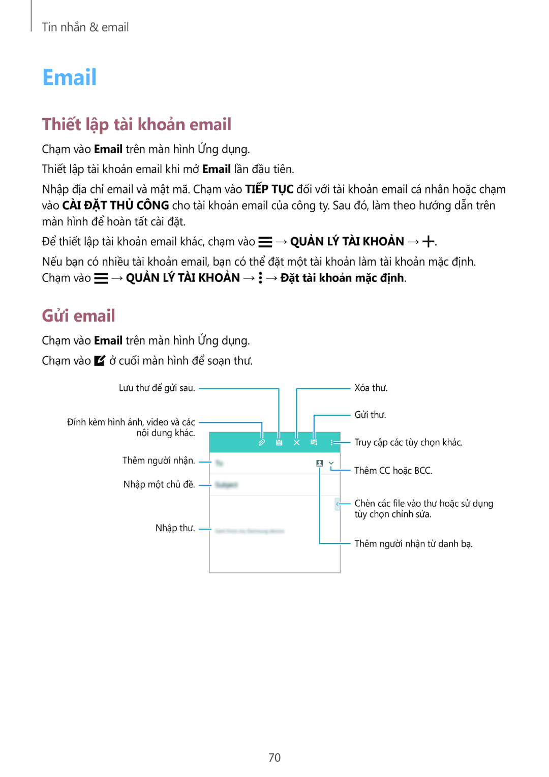Samsung SM-A700HZKDXXV manual Thiết lập tài khoản email, Gửi email 