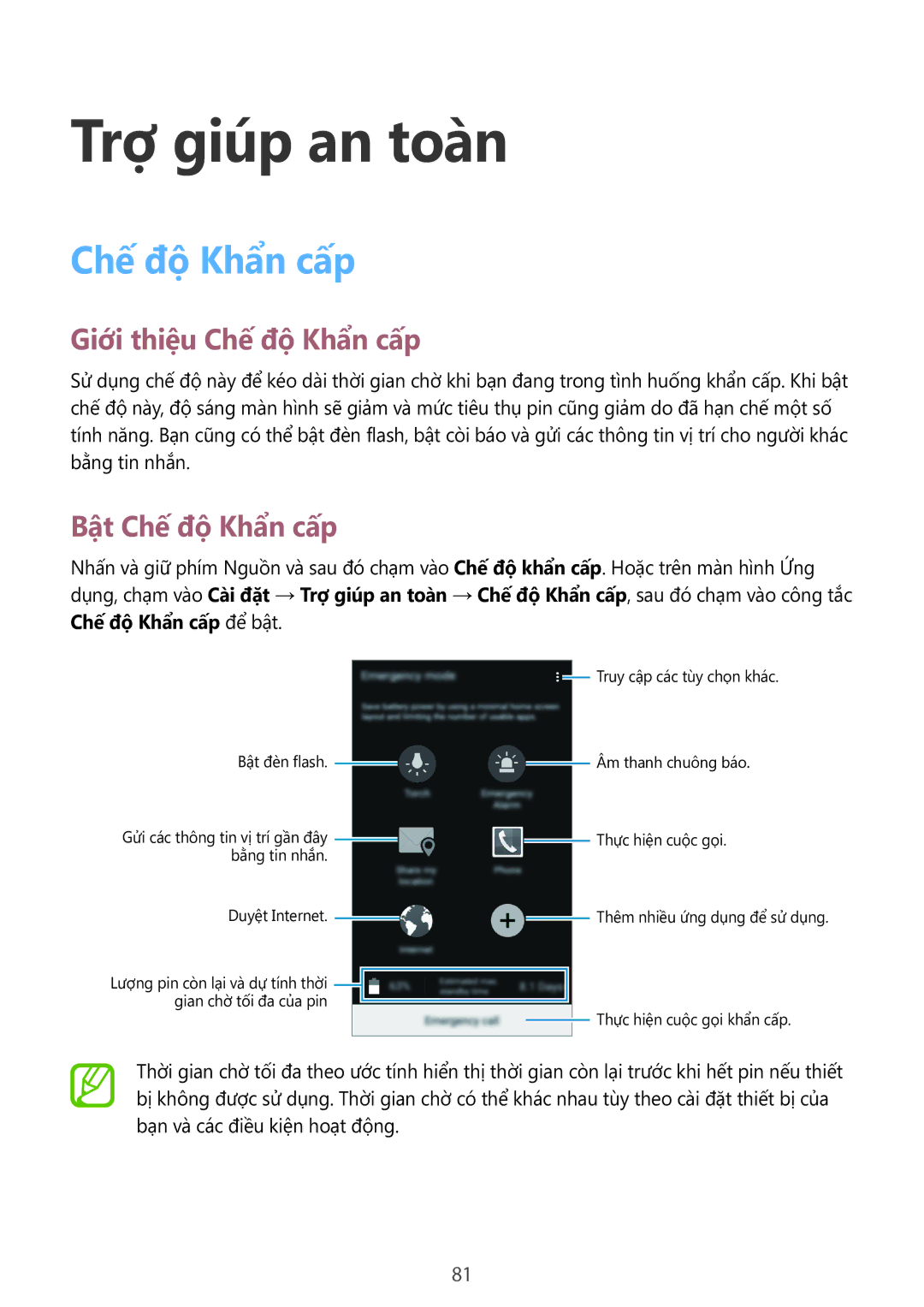 Samsung SM-A700HZKDXXV manual Trợ giúp an toàn, Giới thiệu Chế độ Khẩn cấp, Bật Chế độ Khẩn cấp 