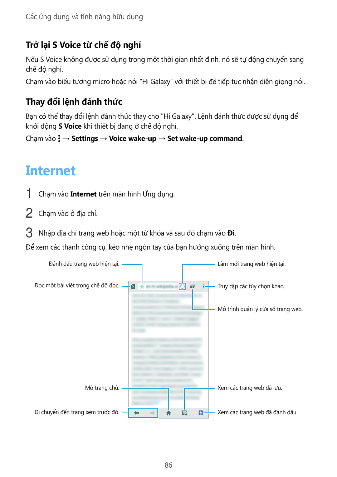 Samsung SM-A700HZKDXXV manual Internet, Trở lại S Voice từ chế độ nghỉ, Thay đổi lệnh đánh thức 