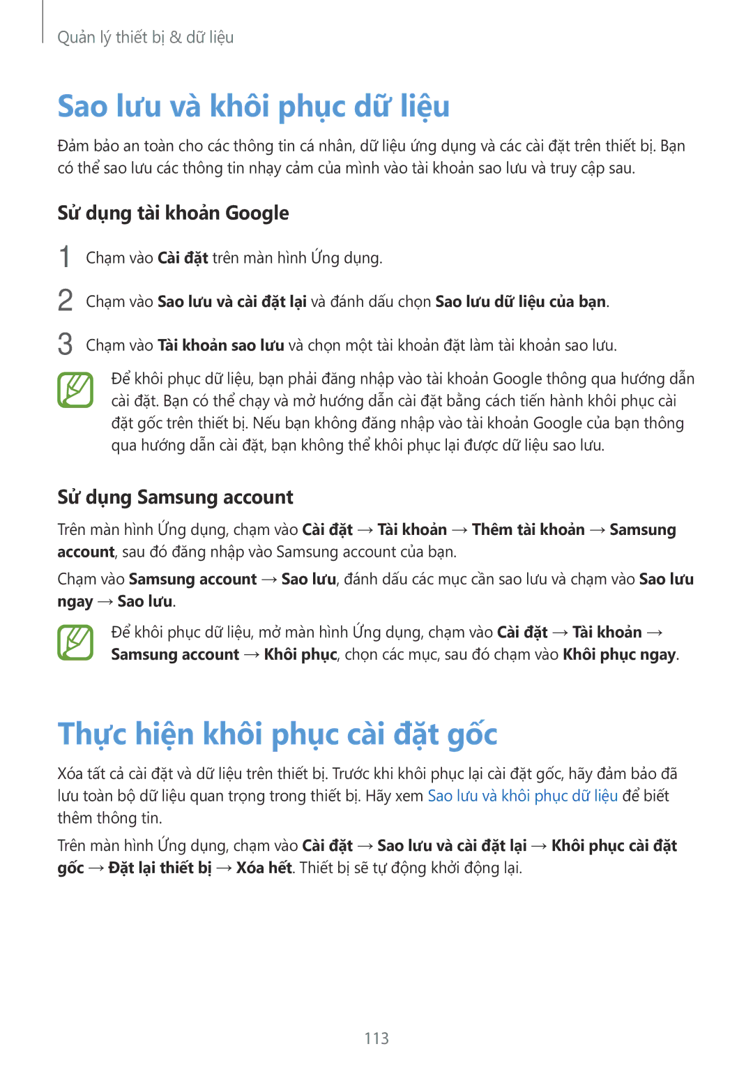 Samsung SM-A700HZKDXXV manual Sao lưu và khôi phục dữ liệu, Thực hiện khôi phục cài đặt gốc, Sử dụng tài khoản Google 