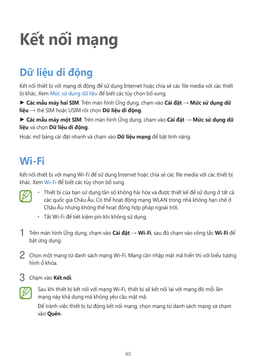 Samsung SM-A700HZKDXXV manual Kết nối mạng, Dữ liệu di động, Wi-Fi 