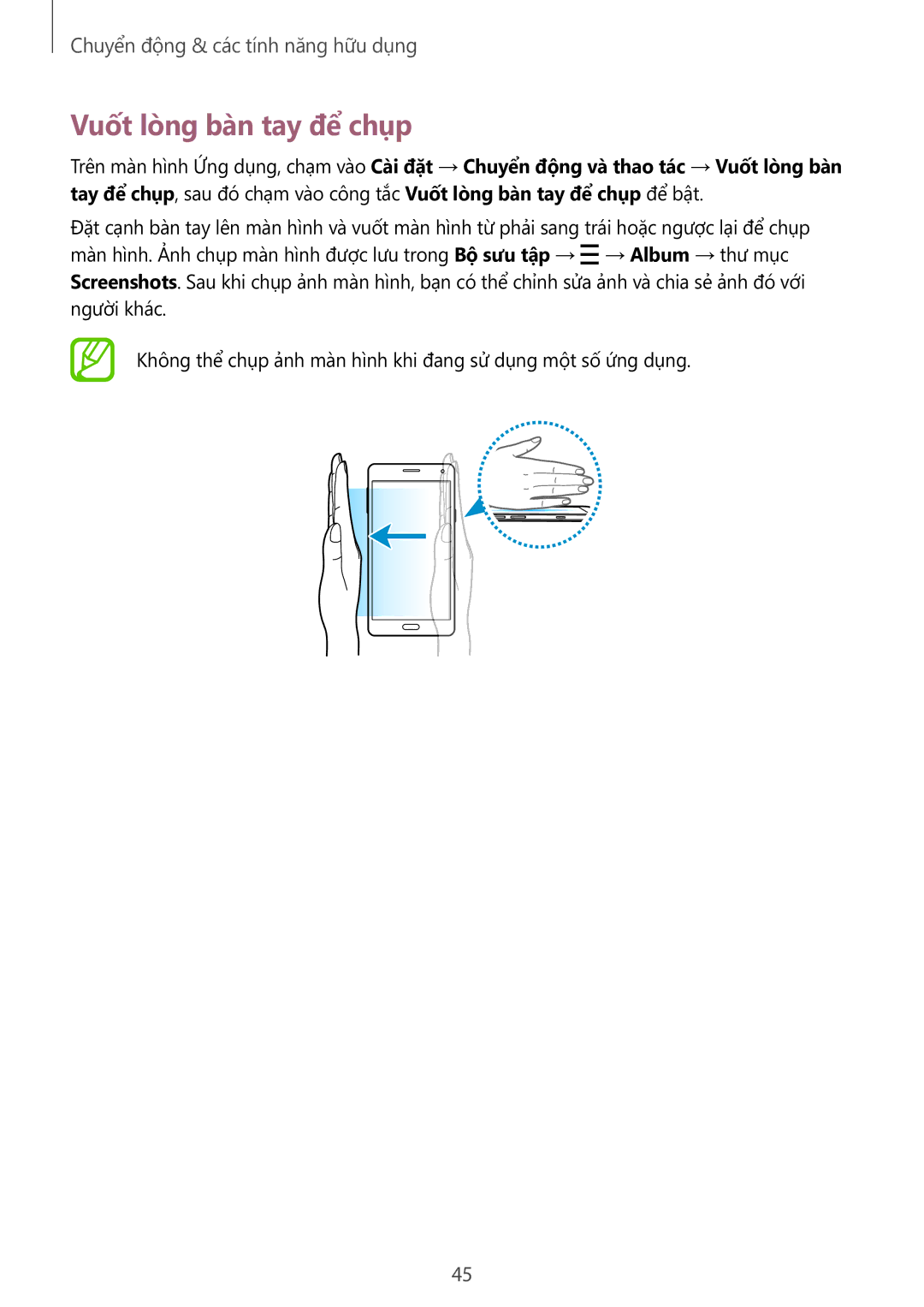 Samsung SM-A700HZKDXXV manual Vuốt lòng bàn tay để chụp 