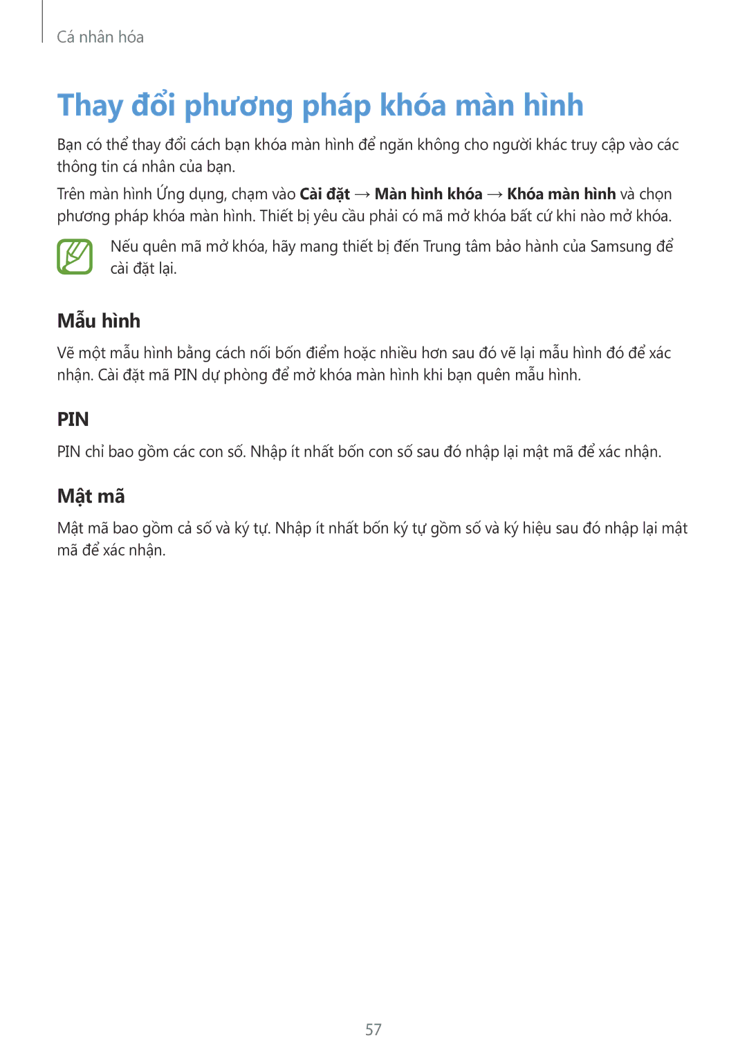 Samsung SM-A700HZKDXXV manual Thay đổi phương pháp khóa màn hình, Mẫu hình, Mật mã 