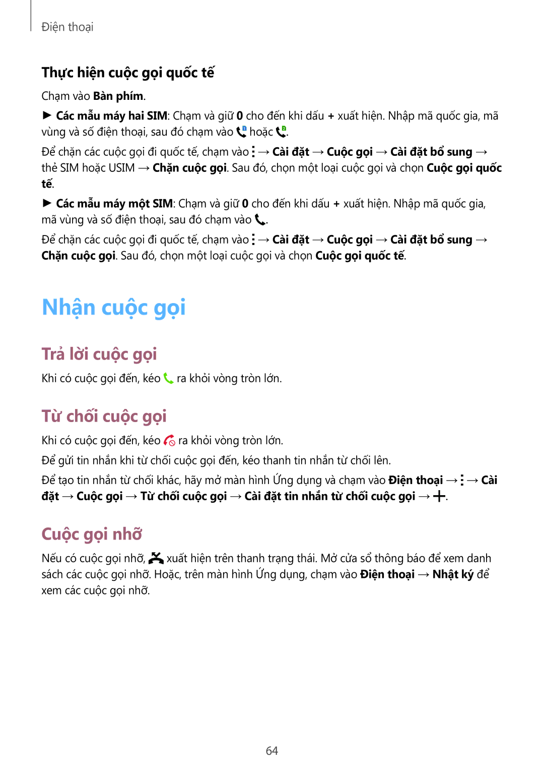 Samsung SM-A700HZKDXXV manual Nhận cuộc gọi, Trả lờ̀i cuộc gọi, Tư chối cuôc goi, Cuộc gọi nhỡ, Thực hiện cuộc gọi quốc tế 