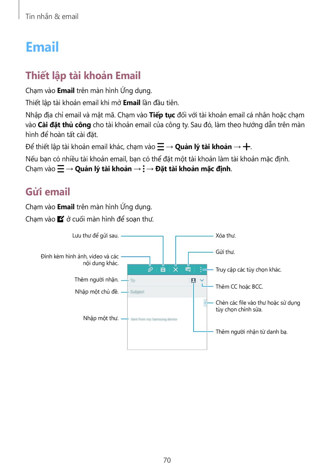 Samsung SM-A700HZKDXXV manual Thiết lập tài khoản Email, Gửi email 
