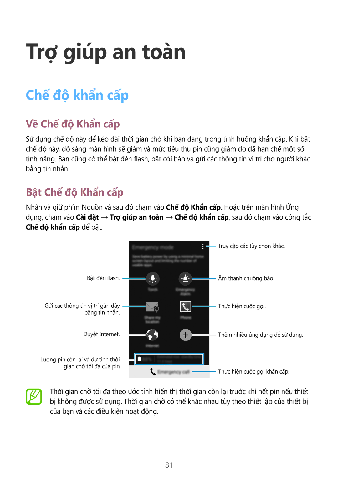 Samsung SM-A700HZKDXXV manual Trợ giúp an toàn, Chế độ khẩn cấp, Về Chế độ Khẩn cấp, Bật Chế độ Khẩn cấp 
