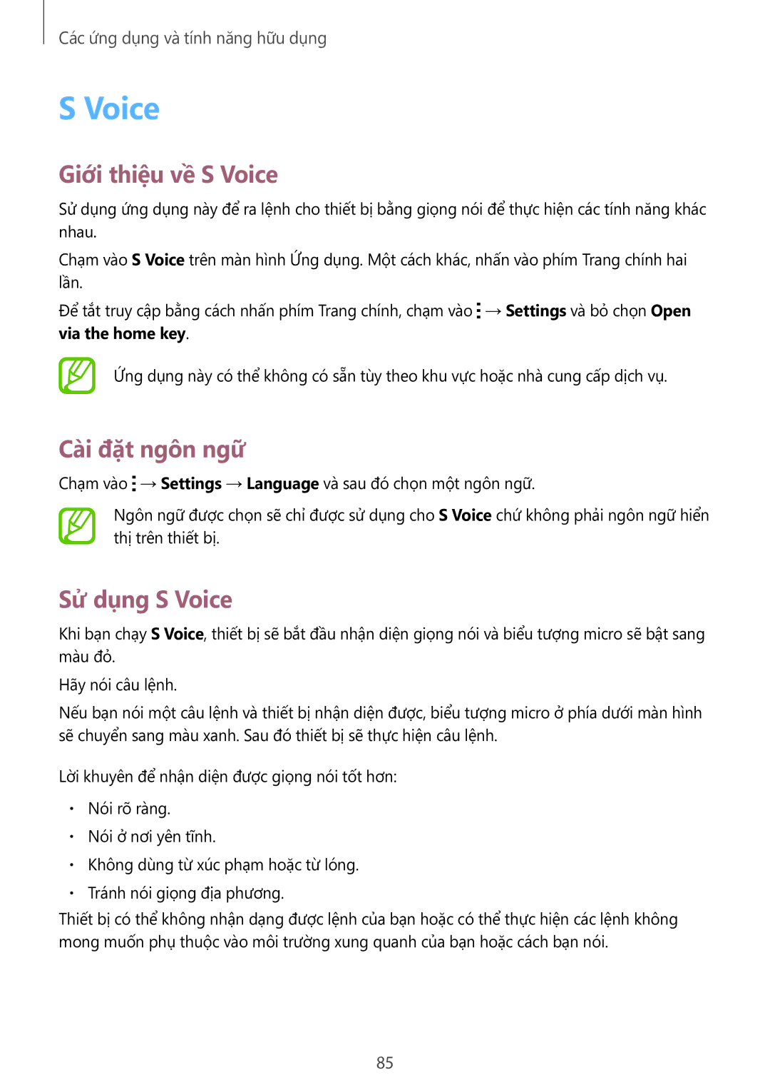 Samsung SM-A700HZKDXXV manual Giới thiệu về S Voice, Cài đặt ngôn ngữ, Sử dụng S Voice 