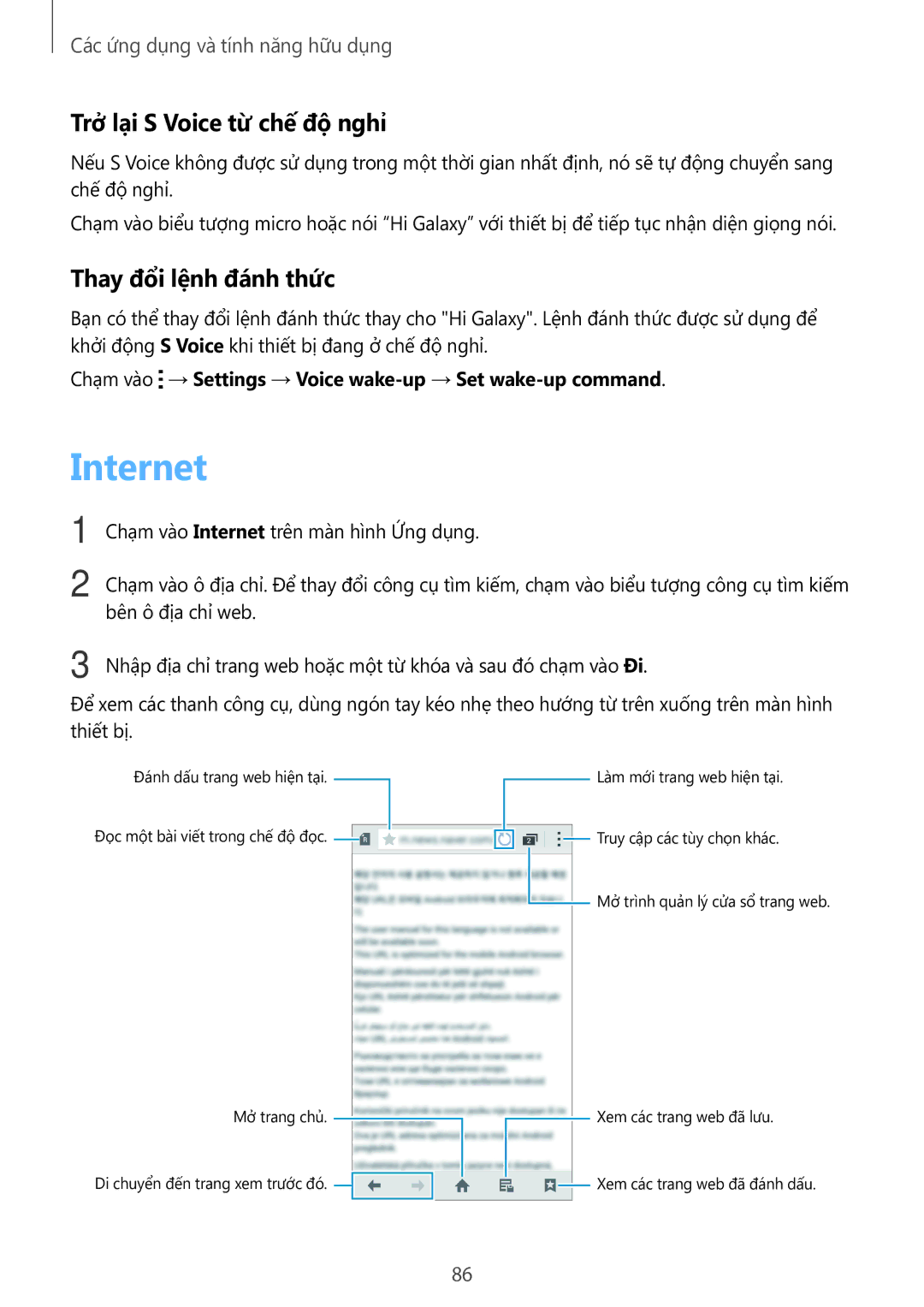 Samsung SM-A700HZKDXXV manual Internet, Trở lại S Voice từ chế độ nghỉ, Thay đổi lệnh đánh thức 