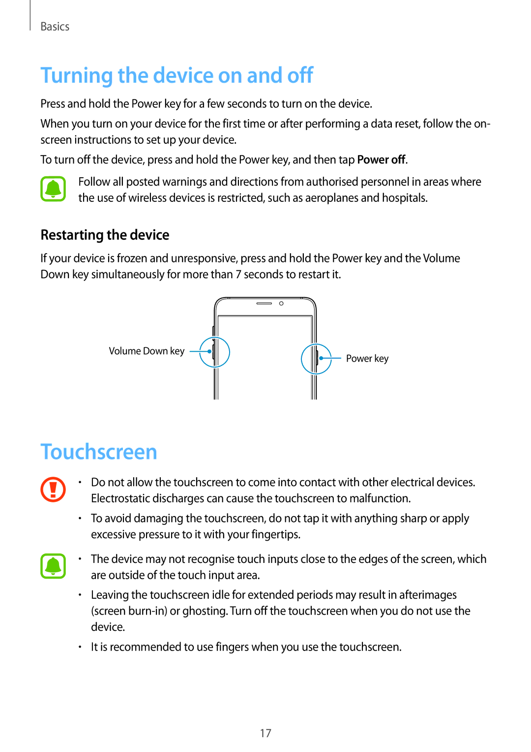 Samsung SM-A710FEDFXXV, SM-A710FZDFKSA, SM-A710FZKFKSA Turning the device on and off, Touchscreen, Restarting the device 