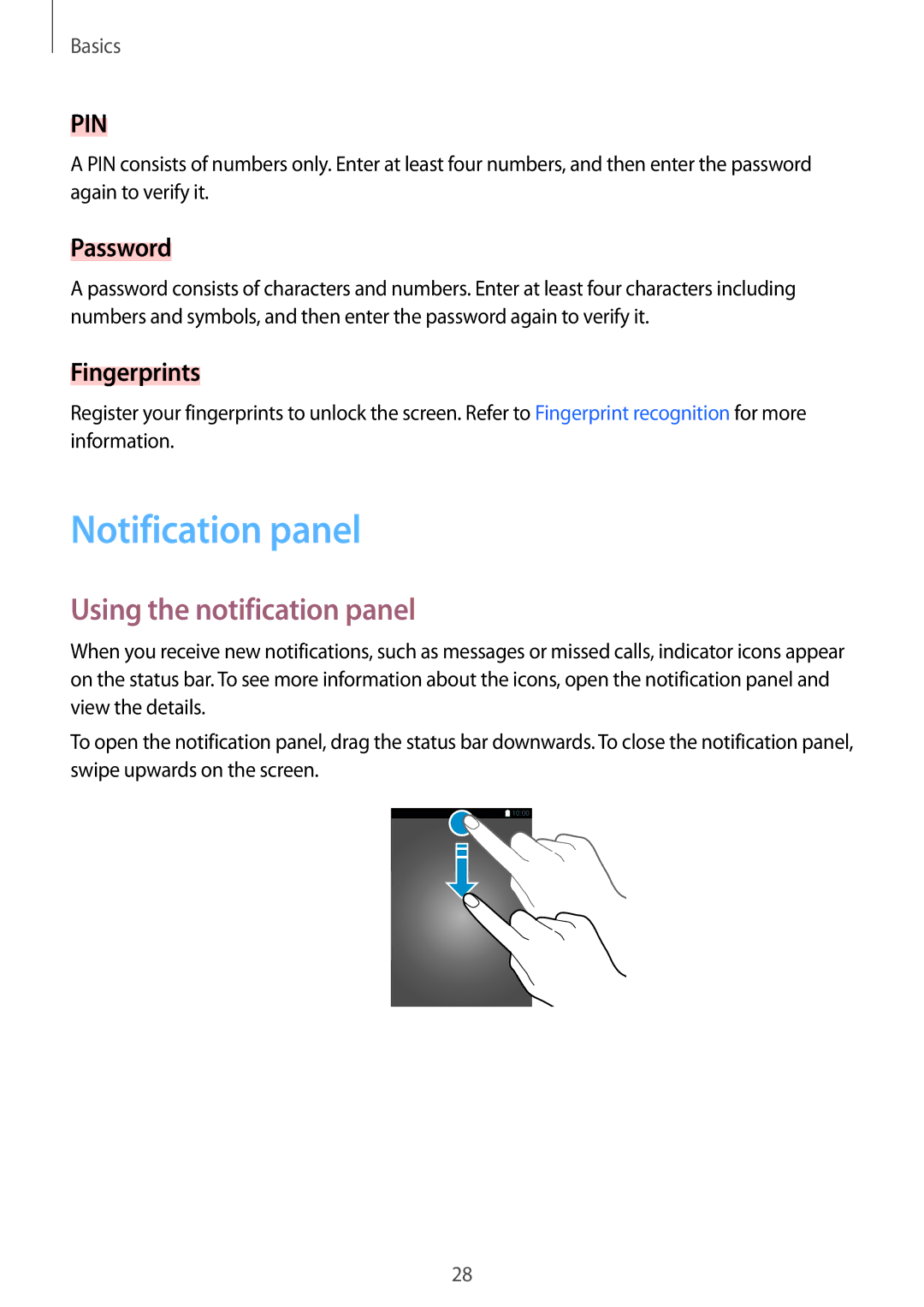 Samsung SM-A710FZKFXXV, SM-A710FZDFKSA manual Notification panel, Using the notification panel, Password, Fingerprints 