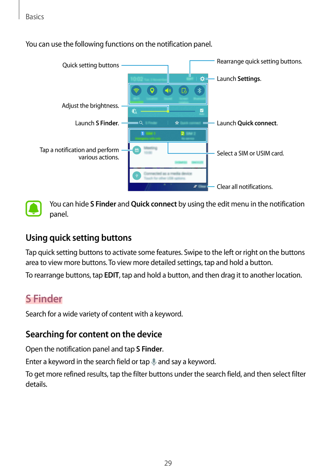 Samsung SM-A710FEDFXXV, SM-A710FZDFKSA manual Finder, Using quick setting buttons, Searching for content on the device 