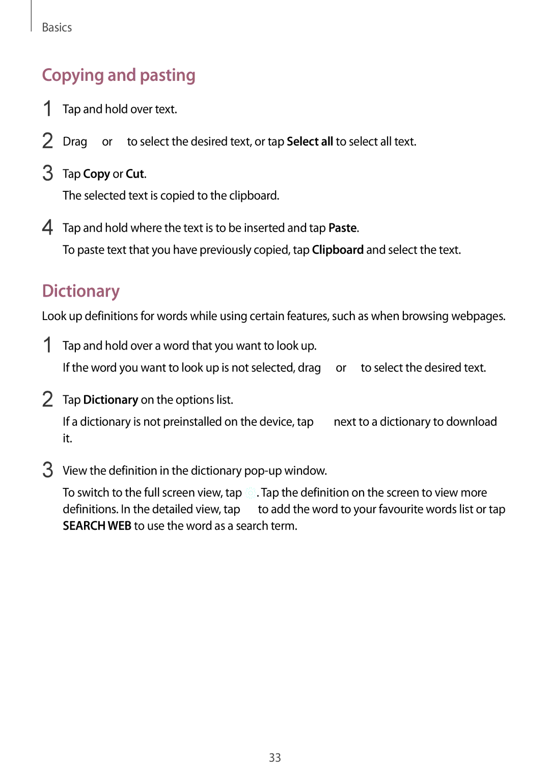 Samsung SM-A710FZDFXXV, SM-A710FZDFKSA Copying and pasting, Dictionary, Tap and hold over a word that you want to look up 