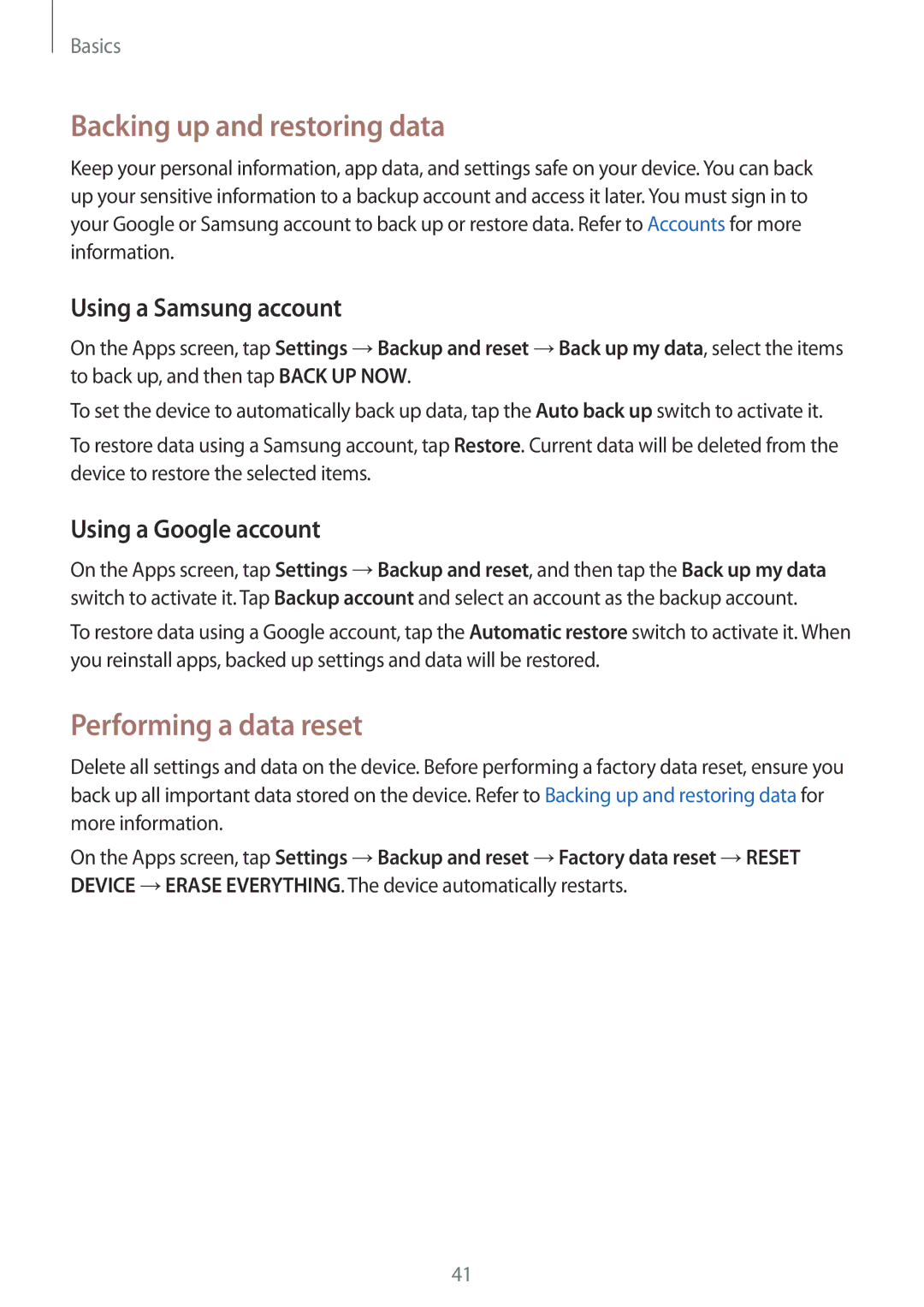 Samsung SM-A710FEDFXXV, SM-A710FZDFKSA Backing up and restoring data, Performing a data reset, Using a Samsung account 